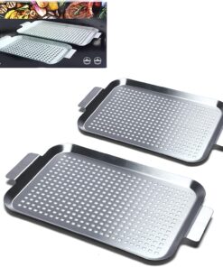 COOK TIME Grill Pan Set of 2. BBQ Grill Topper for Outdoor Grill. Stainless Steel Grilling Baskets with Holes and Handles. Perforated Food Tray Barbecue Accessories for Vegetable. Fish. Meat. Seafood