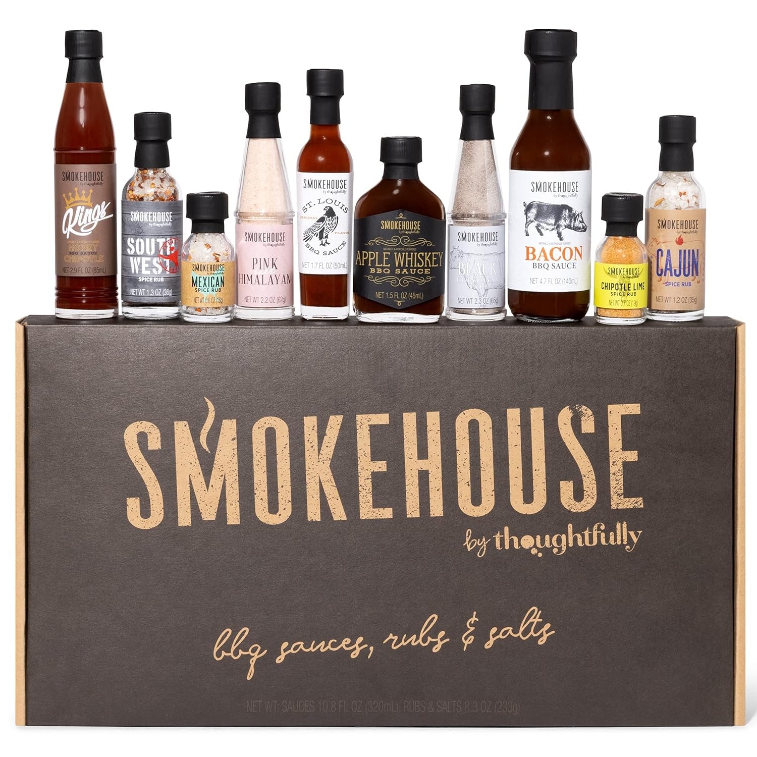Smokehouse by Thoughtfully. Ultimate BBQ Sampler Set. Vegan and Vegetarian. Includes a Variety of Flavorful USA Made BBQ Sauces. Rubs. and Salts for Smoking and Grilling in Sample Size Glass Bottles