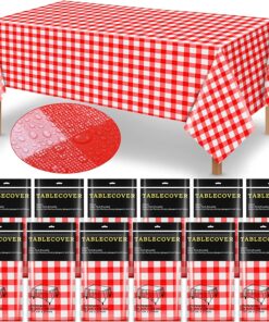 Chumia 12 Pieces Plastic Checked Picnic Tablecloth Rectangle Disposable Gingham Table Cloth 54 X 108 Inch 8 Foot Waterproof Camping Table Covers for Barbecue Holiday Birthday Parties (Red Checkered)