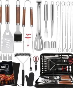 Yoehka BBQ Grilling Accessories Set. 34Pcs Heavy Duty Grill Tools for Outdoor Camping. Grilling Gifts for Men Dad. Stainless Steel Barbecue Utensils Kit with Mats and Glove in Carrying Bag. Brown