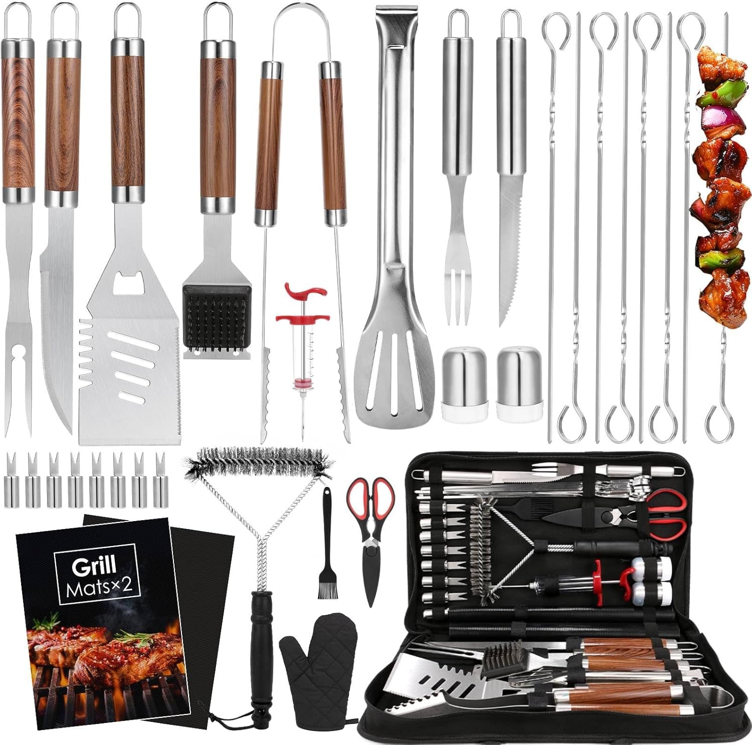 Yoehka BBQ Grilling Accessories Set. 34Pcs Heavy Duty Grill Tools for Outdoor Camping. Grilling Gifts for Men Dad. Stainless Steel Barbecue Utensils Kit with Mats and Glove in Carrying Bag. Brown