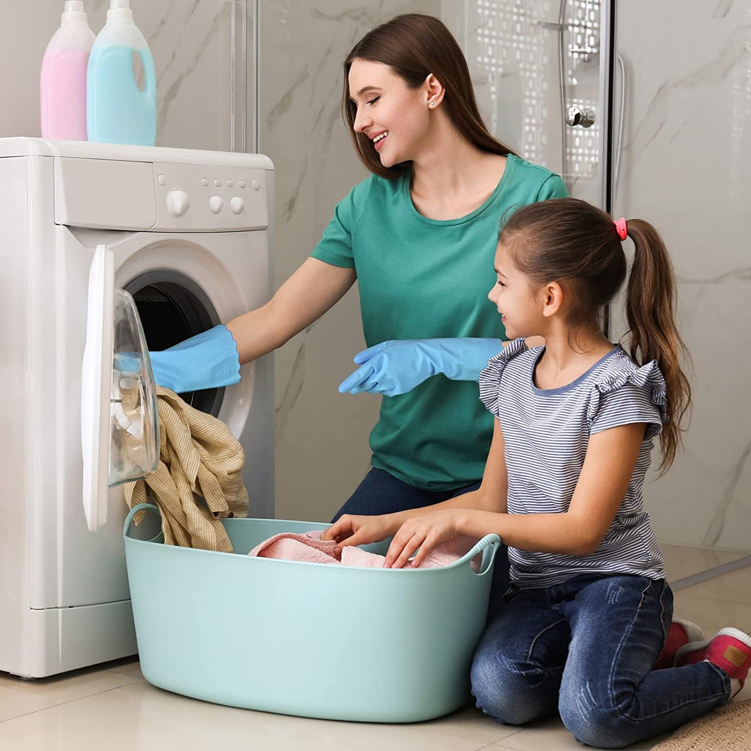 Rubber Cleaning Gloves - 3 Pairs Latex Free Kitchen Cleaning Gloves with Cotton Liner- Household Dishwashing Gloves. Non- Slip Waterproof (Large. Blue+Pink+White) - Image 5