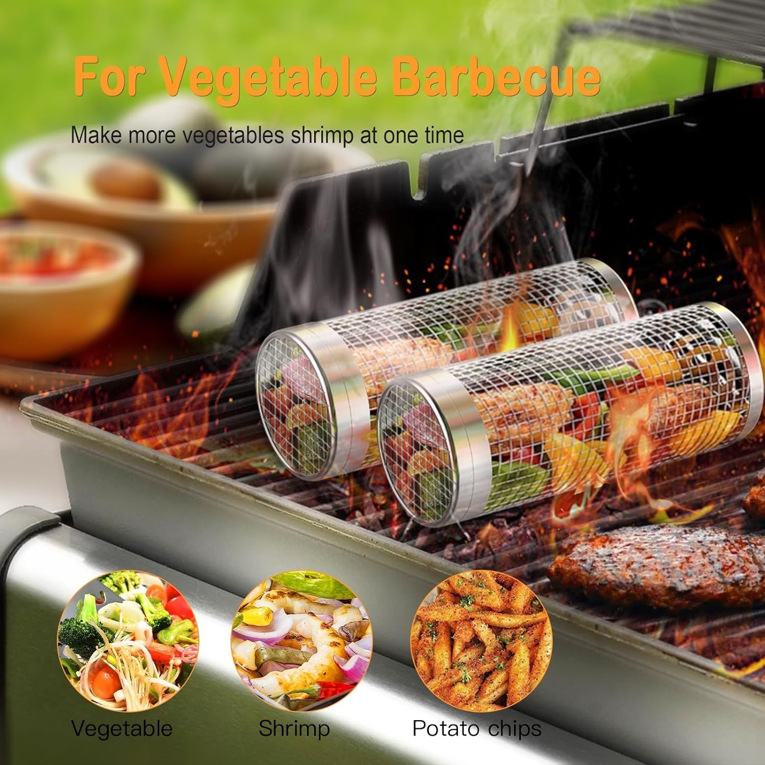 Rolling Grill Baskets. Heavy-Duty 304 Stainless Steel Material. round BBQ Grilling Baskets for Veggies. Fish. BBQ Net Tube Barbeque Vegetable Grill Accessories. Cage Cylinder 2 PACK (Two Large) - Image 3