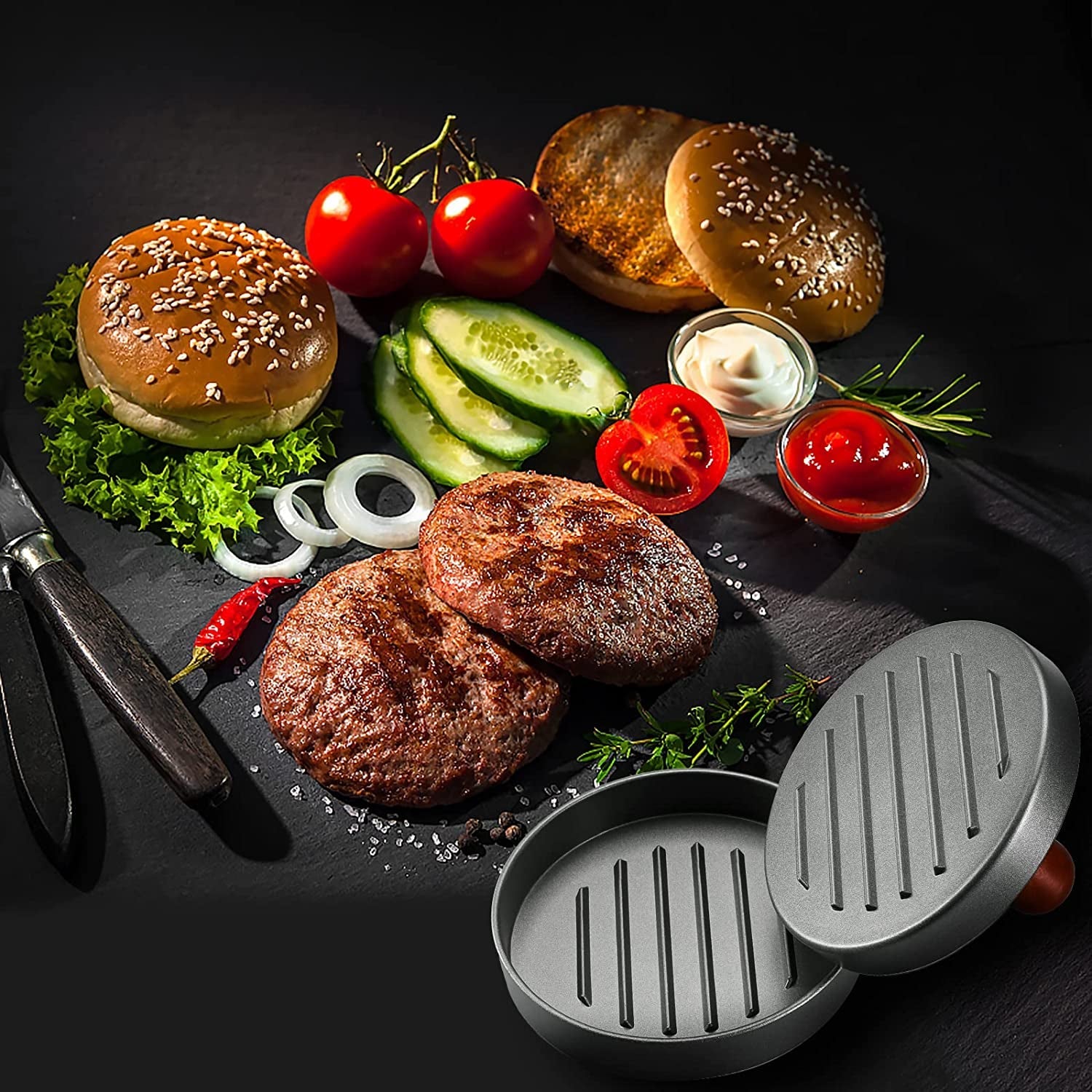 PIQUEBAR Burger Press Patty Maker Stainless Steel Hamburger Mold Non-Stick with 100 Patty Papers - Image 6