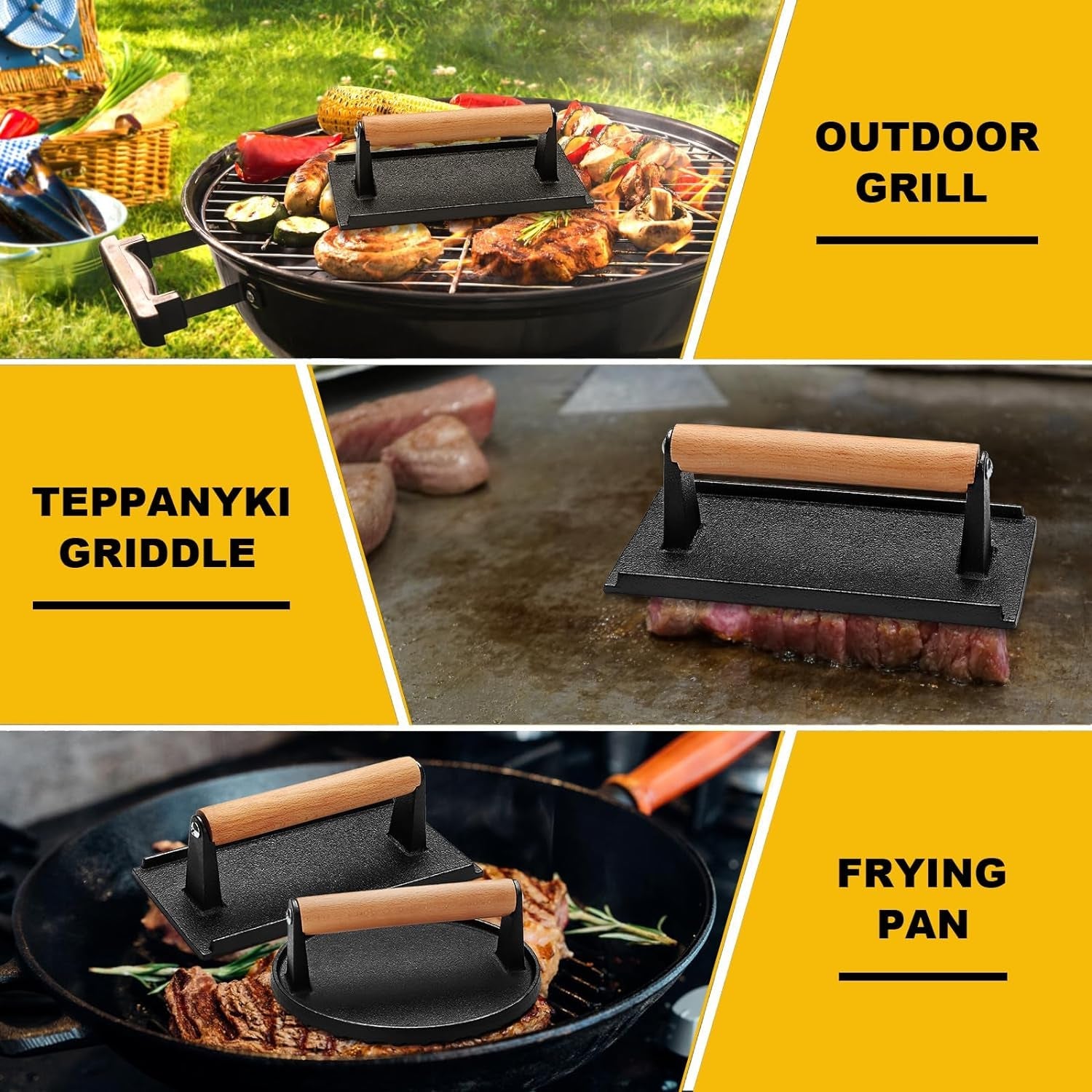 AIVIKI Burger Press. Smash Burger Press for Blackstone Griddle. Heavy Duty Cast Iron round 6.9In & Rectangular 8.2X4.2In Bacon Grill Press with Wood Handle. Meat Steak Weight for Sandwich. Paninis - Image 6