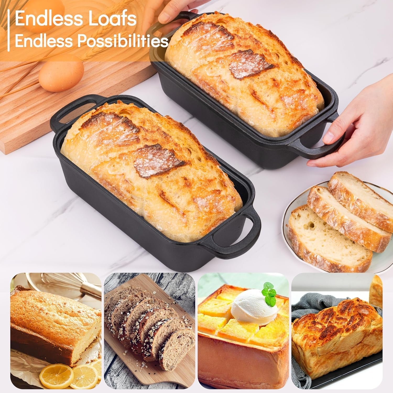 Grmimosa 2 in 1 Cast Iron Bread Loaf Pan with Lid. Loaf Pans for Baking Bread 9X5. Even Heat Distribution for Meatloaf. Homemade Bread - Image 6