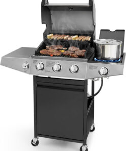 3 Burners Gas Grill with Side Burner. Propane Grill with Wheels and Storage. Outdoor Gas BBQ with Oil Tray and Thermometer for Patio and Party. 37000 BTU