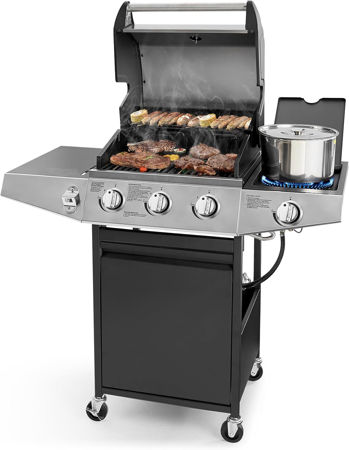 3 Burners Gas Grill with Side Burner. Propane Grill with Wheels and Storage. Outdoor Gas BBQ with Oil Tray and Thermometer for Patio and Party. 37000 BTU