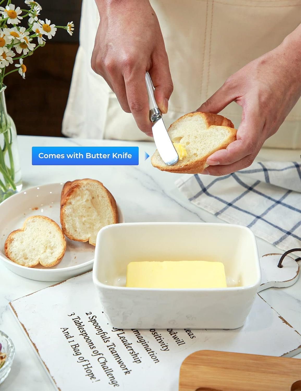 Large Ceramic Butter Dish with Lid & Knife – Double Silicone Seal. White Stoneware for Countertop & Farmhouse Decor - Image 4