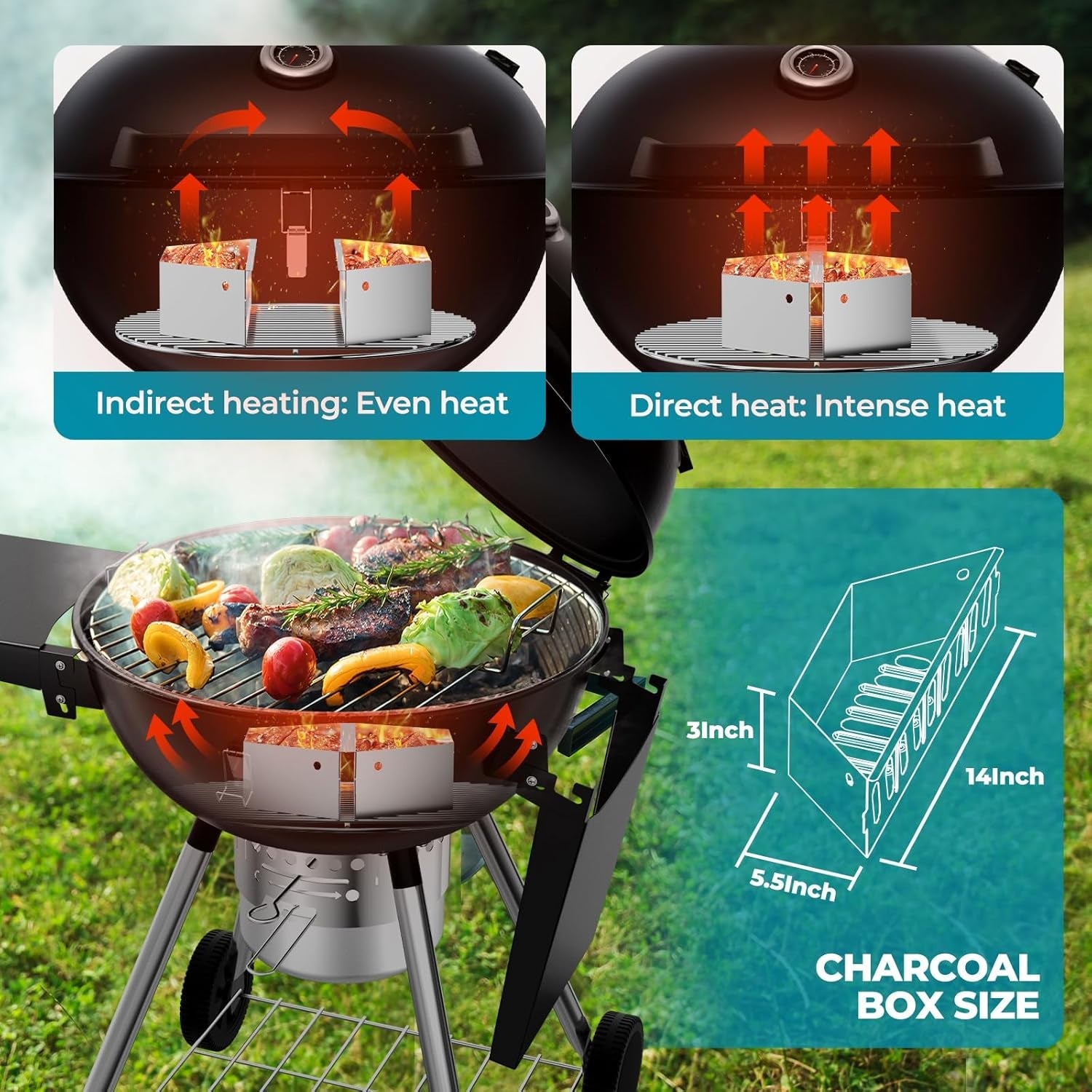 22 Inch Charcoal Grill with 2 Foldable Side Tables.Charcoal Kettle Grills with Wheels.Outdoor Bbq Grill.Portable Charcoal Grill for Camping.Party.Backyard (Black) - Image 5