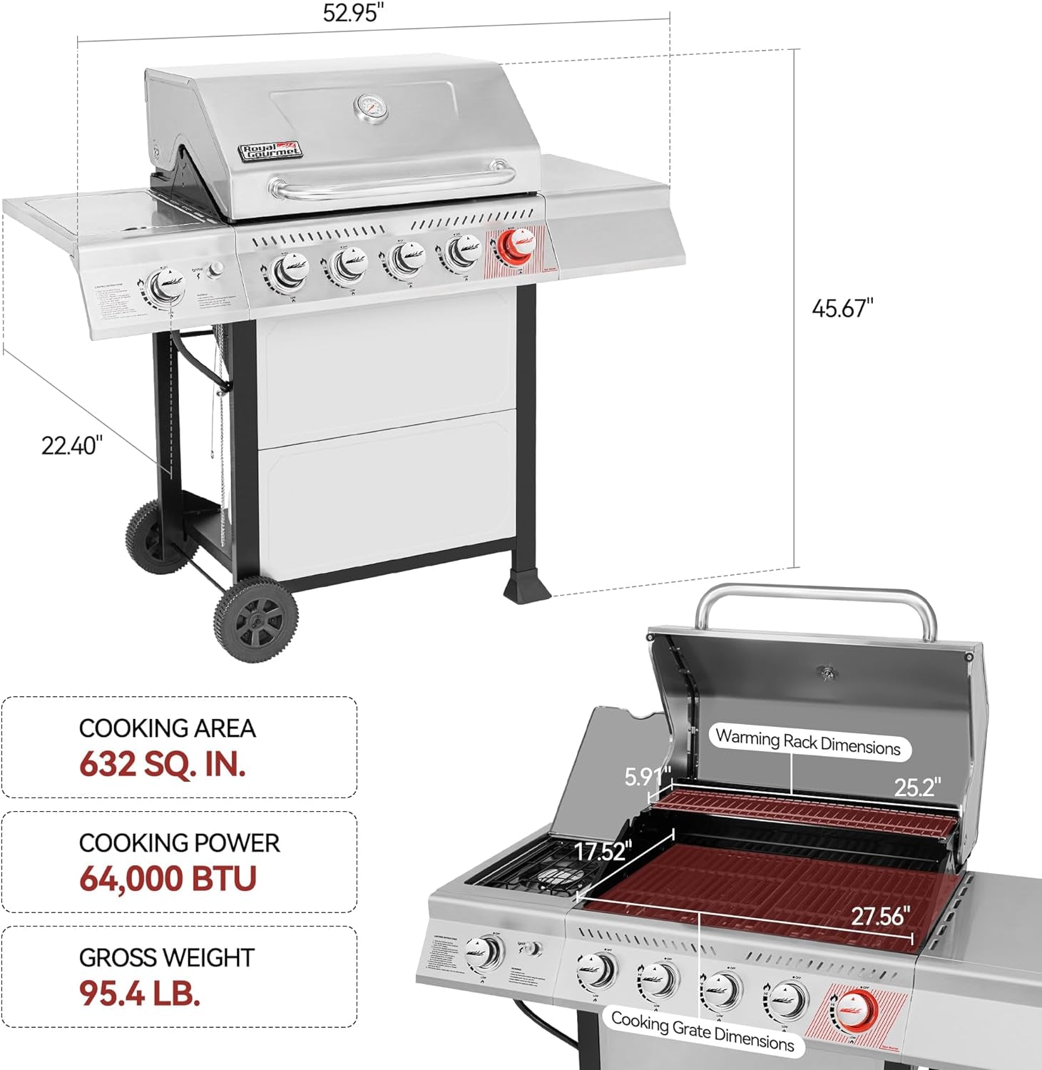 GA5401T 5-Burner BBQ Propane Grill with Sear Burner and Side Burner. Stainless Steel Barbecue Gas Grill for Outdoor Patio Garden Picnic Backyard Cooking. 64.000 BTU. Silver - Image 4