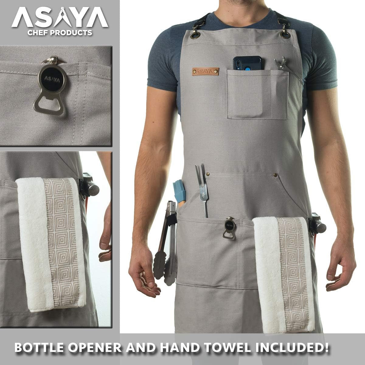 Chef. BBQ and Work Apron with Bottle Opener and Hand Towel -Durable 10Oz Cotton Canvas.Brass Hardware. and Cross Back Straps-Perfect for Men and Women.Grilling. Cooking or in the Workshop(Grey) - Image 2