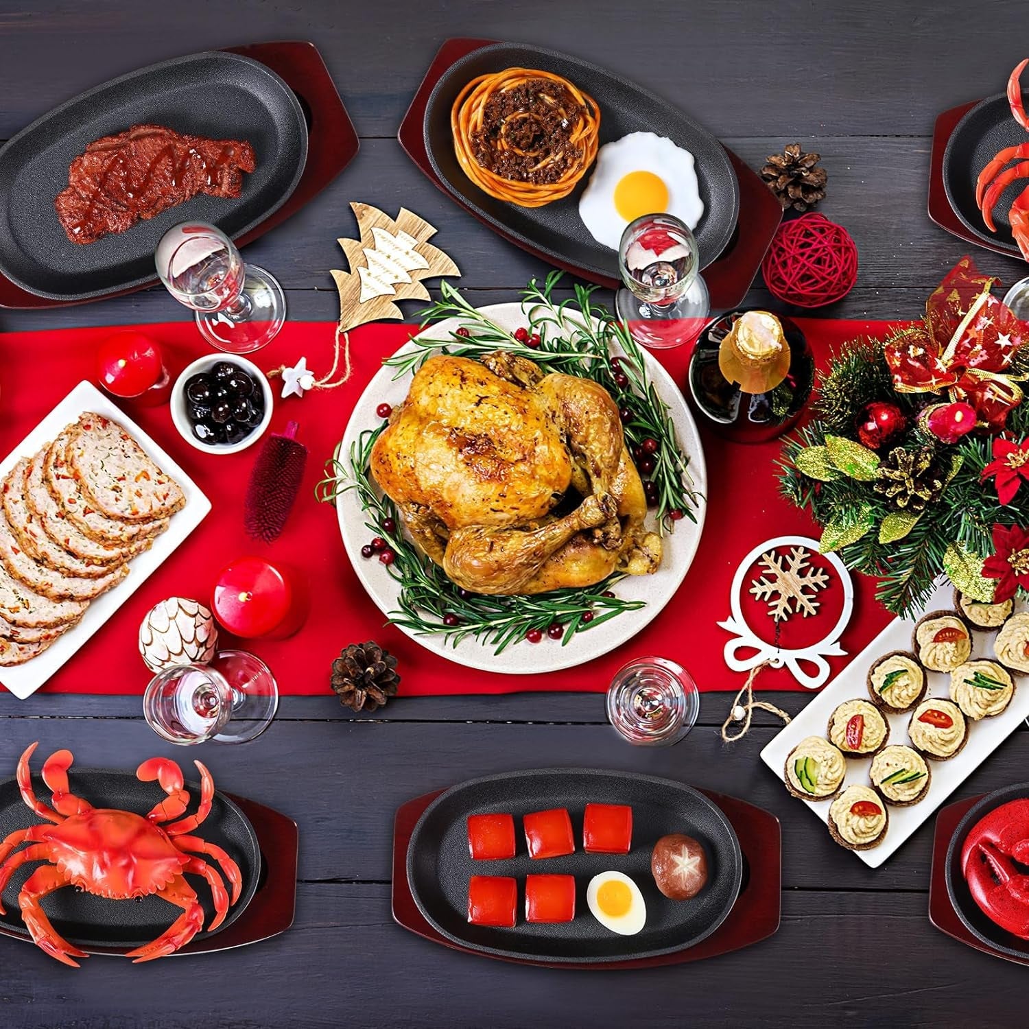 12 Pieces Oval Cast Iron Fajita Pan Set Sizzling Steak Plate with Wooden Base and Handle Cast Iron Steak Cast Iron Fajita Skillet Sizzling Plate for Home Restaurant and Barbecue Picnic - Image 3