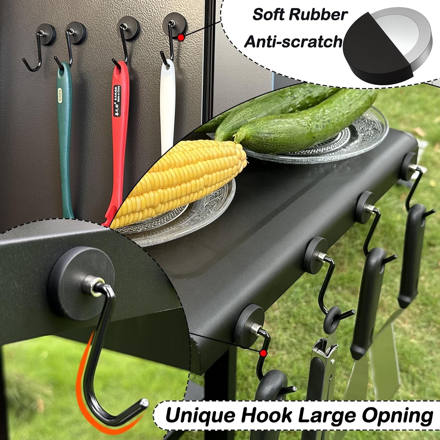 SKNOOY 4 Pack Heavy Duty Magnetic Grill Hooks. Magnet Hooks for Grill Utensils. Rust Proof Outdoor Magnetic Tools Hangers. Powerful Magnetic Hooks for BBQ Tools Refrigerator Locker Kitchen Office - Image 3
