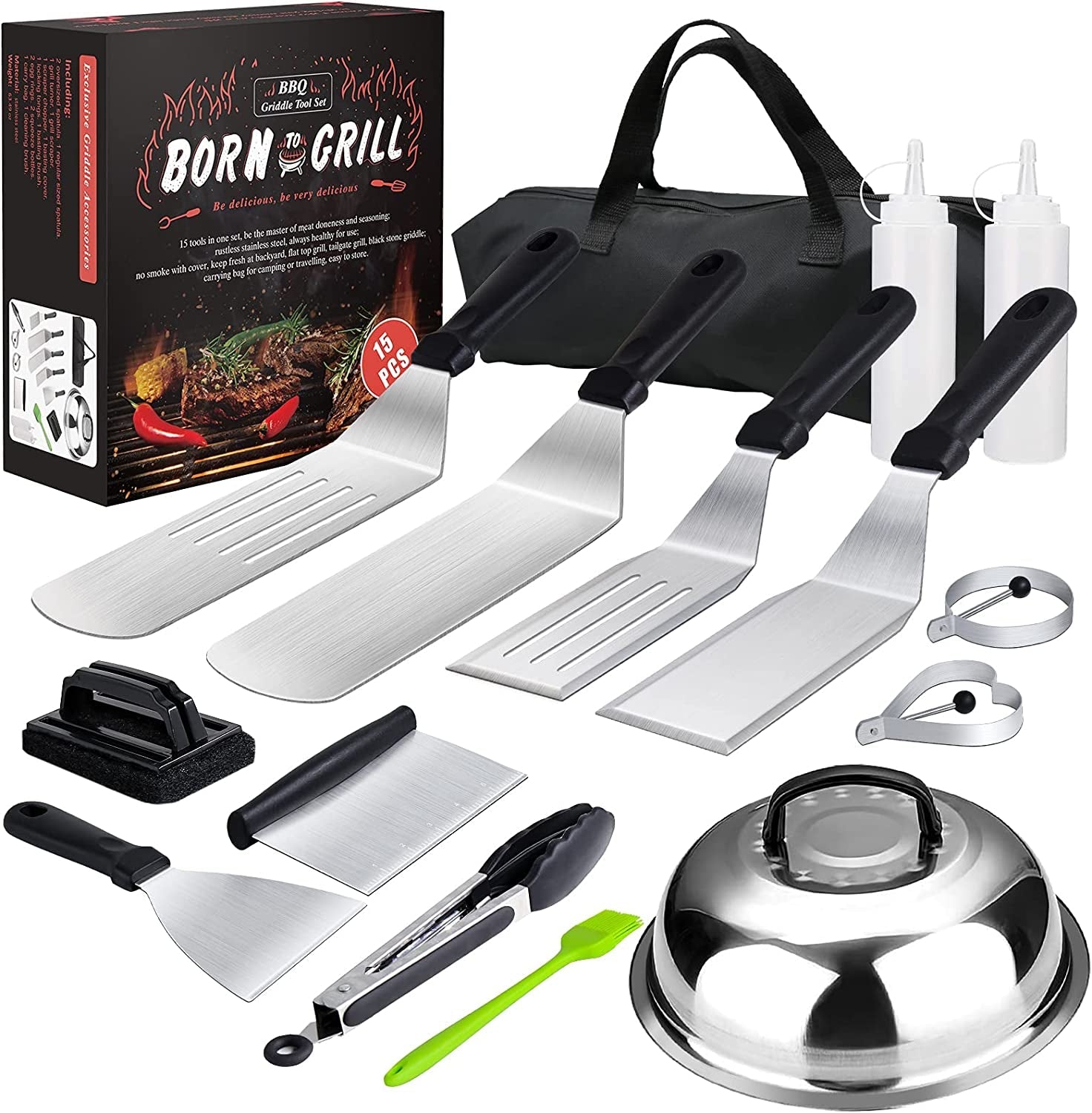 Griddle Accessories.15 Pcs Flat Top Grill Accessories Kit for Blackstone and Camp.Stainless Steel BBQ Accessories with Spatula. Basting Cover.Tongs.Egg Mold & Carry Bag for Outdoor BBQ Teppanyaki
