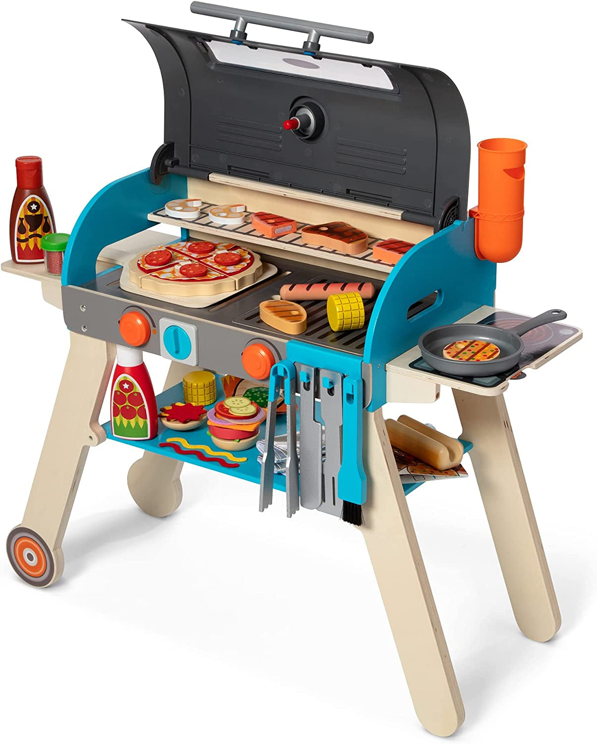Melissa & Doug Wooden Deluxe Barbecue Grill. Smoker and Pizza Oven Play Food Toy for Pretend Play Cooking for Kids