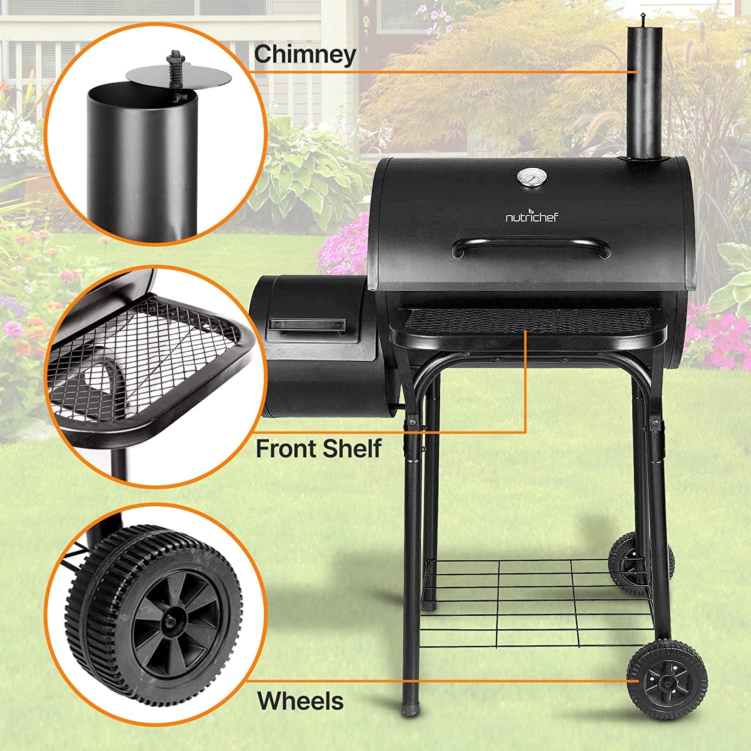 kitchen Charcoal Grill Offset Smoker with Cover. Portable Stainless Steel Grill. Outdoor Camping BBQ and Barrel Smoker (Black) - Image 6