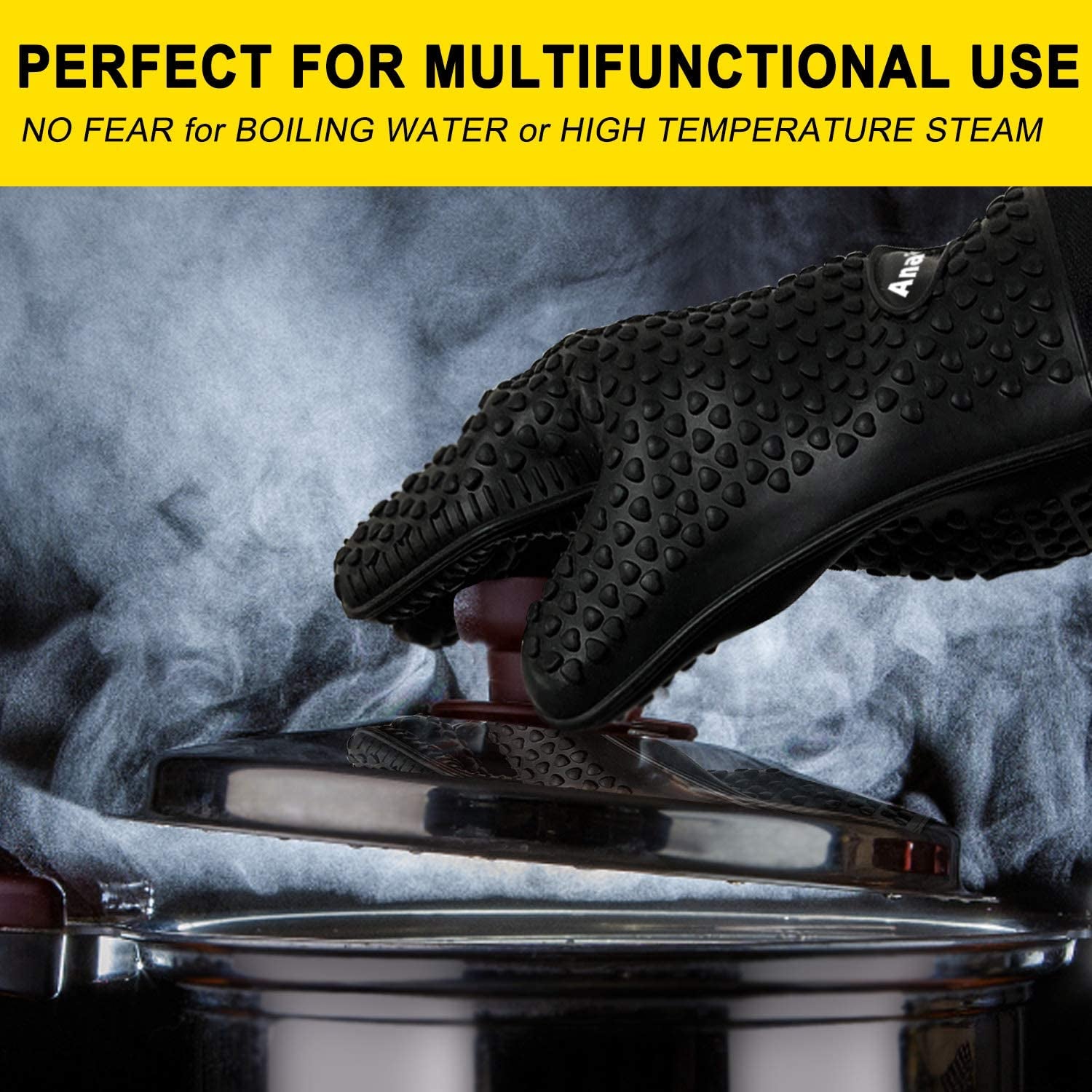 Anaeat BBQ Grilling Gloves Heat Resistant. Versatile Waterproof Cooking Gloves - 100% Cotton Lining Silicone Oven Mitts. Flexible Potholder for Barbecue. Baking - Thick Long Wrist Protection (Black) - Image 7