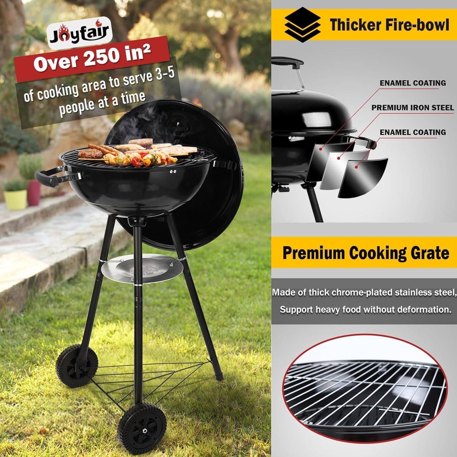 Joyfair Kettle Charcoal Grill (18 Inch). Outdoor Barbecue Grill for Camping/Backyard/Tabletop Grilling. Portable round Smoker with Wheels. Enameled Lid & Fire Bowl. Dual Venting System. Black - Image 4