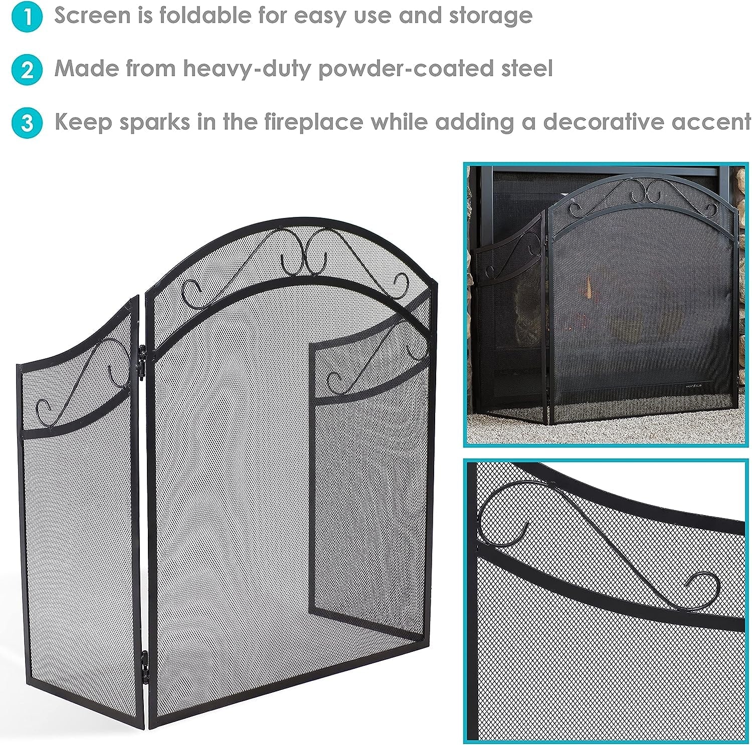 Sunnydaze Elegant Scrolling Design Steel 3-Panel Fireplace Screen with Black Powder-Coated Finish - Image 4