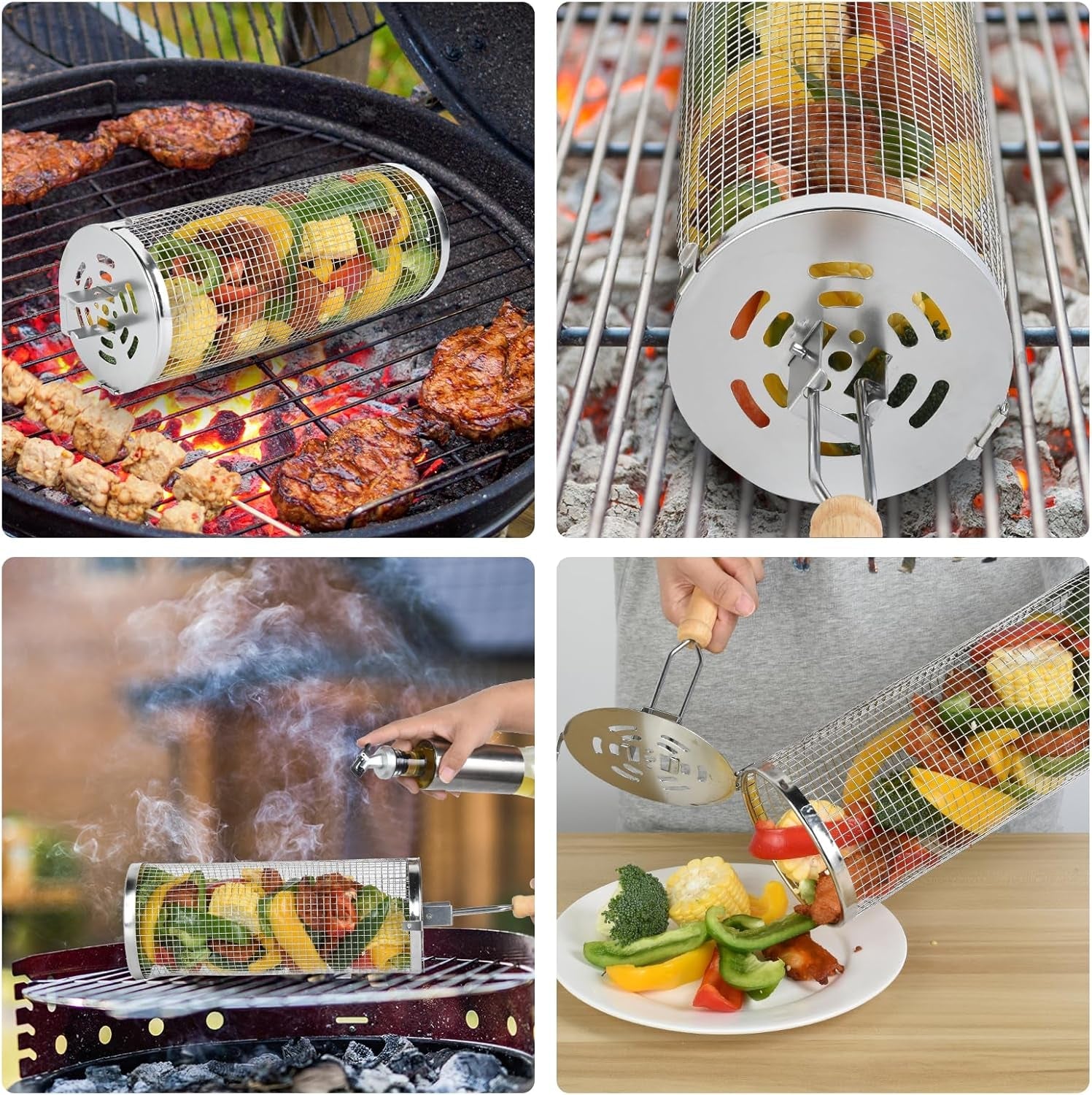 Rolling Grill Baskets for Outdoor.2 PCS BBQ Grilling Basket with Removable Wooden Handle. 5 and 3Diameter 304 Stainless Steel BBQ Net for Vegetables Seafood Meat. Camping Birthday Gifts for Men Dad Husband - Image 5
