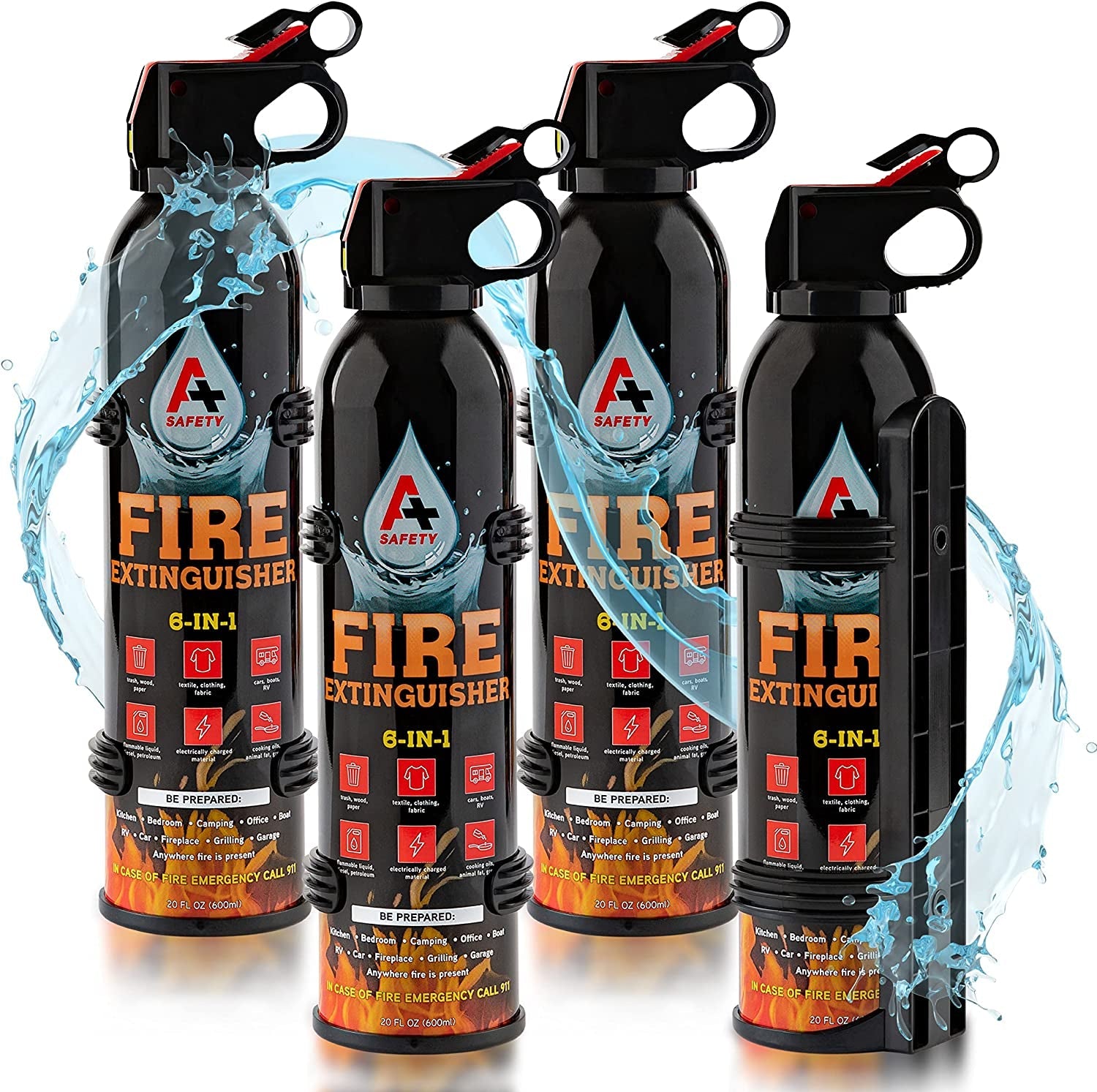 A+ Safety Portable Fire Extinguisher | 6-In-1 Small Fire Extinguisher for Home. Garage. Kitchen. Car | for Electric. Textile and Grease Fires | Non-Toxic. Easy Clean | Wall Mount Incl (4PK)