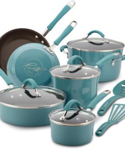 Rachael Ray Cucina Nonstick Cookware Pots and Pans Set. 12 Piece. Agave Blue
