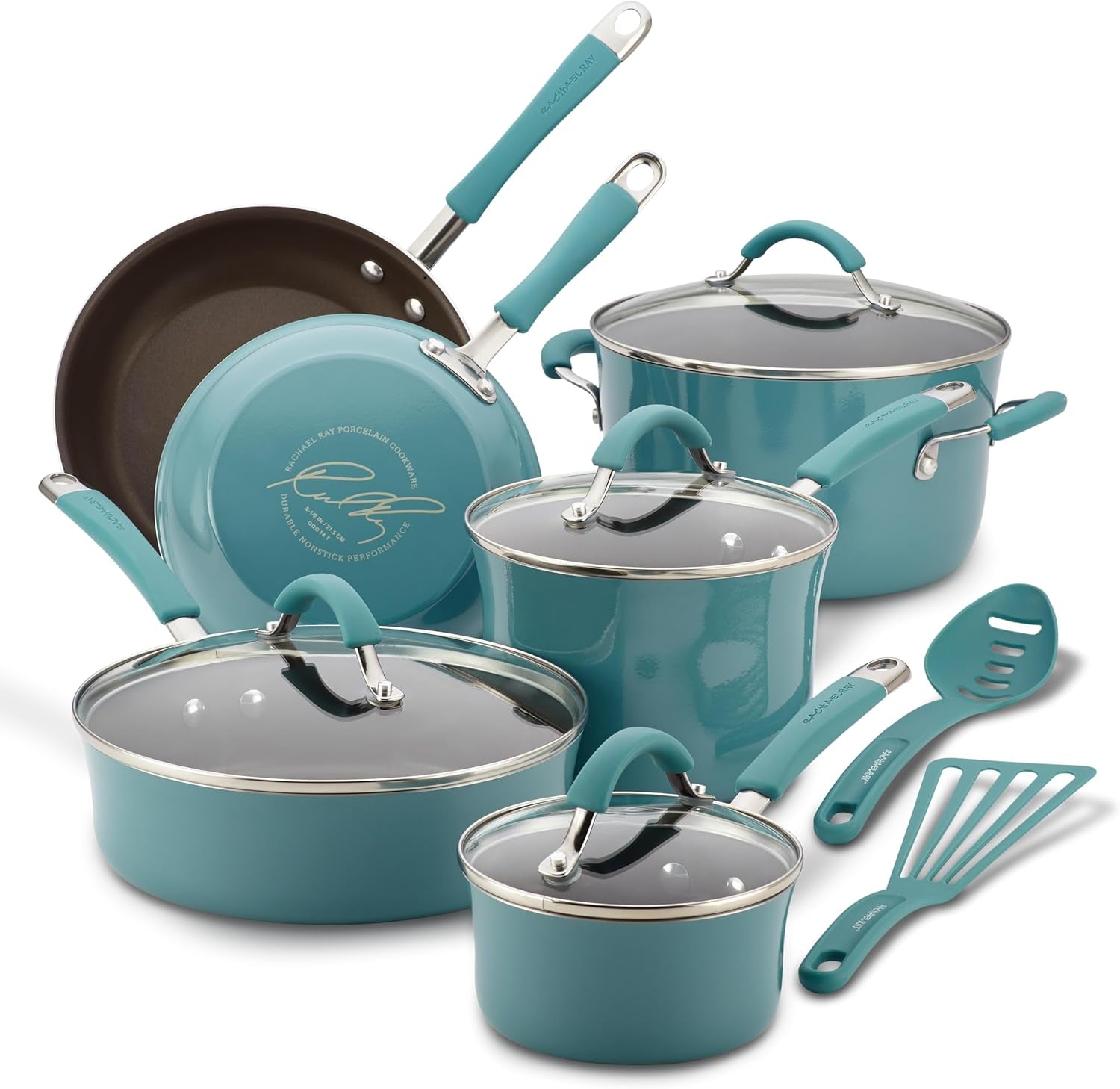 Rachael Ray Cucina Nonstick Cookware Pots and Pans Set. 12 Piece. Agave Blue