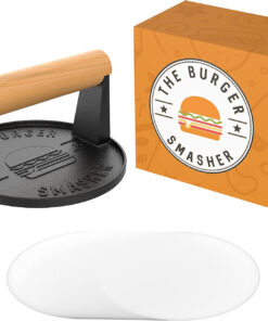 The Burger Smasher - Cast Iron Burger Press Kit W/Patty Paper Included | Hamburger Press Perfect for Flat Top Grill. Cast Iron Griddle or Skillet | Meat Press and Grill Press