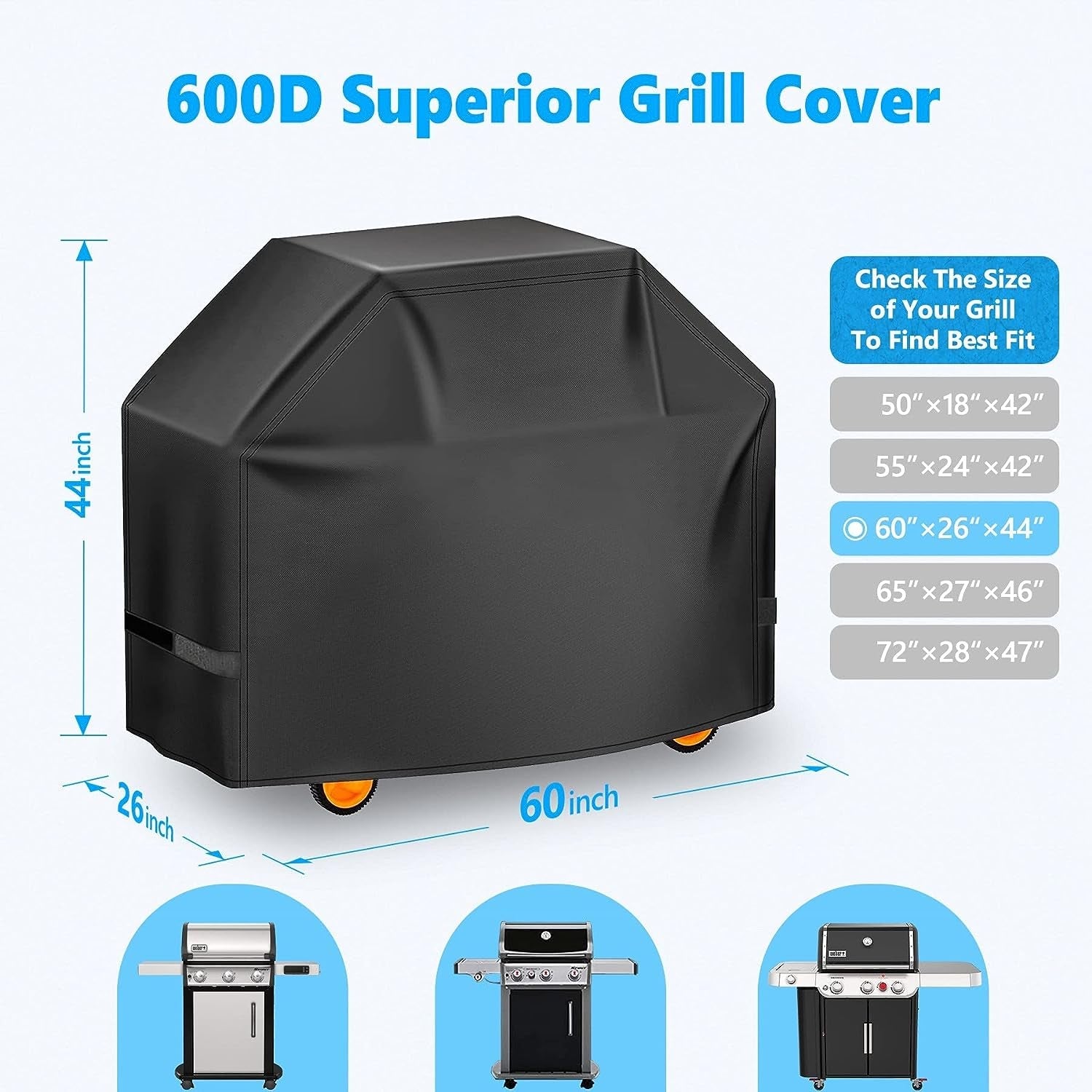 Homwanna Grill Cover 60 Inch - Superior BBQ Cover for Weber Genesis 300 Series Gas Grill - 600D Outdoor Barbecue Cover for Weber Genesis Ii 300. Dyna-Glo. Char-Broil. Nexgrill. Monument and Brinkmann - Image 2