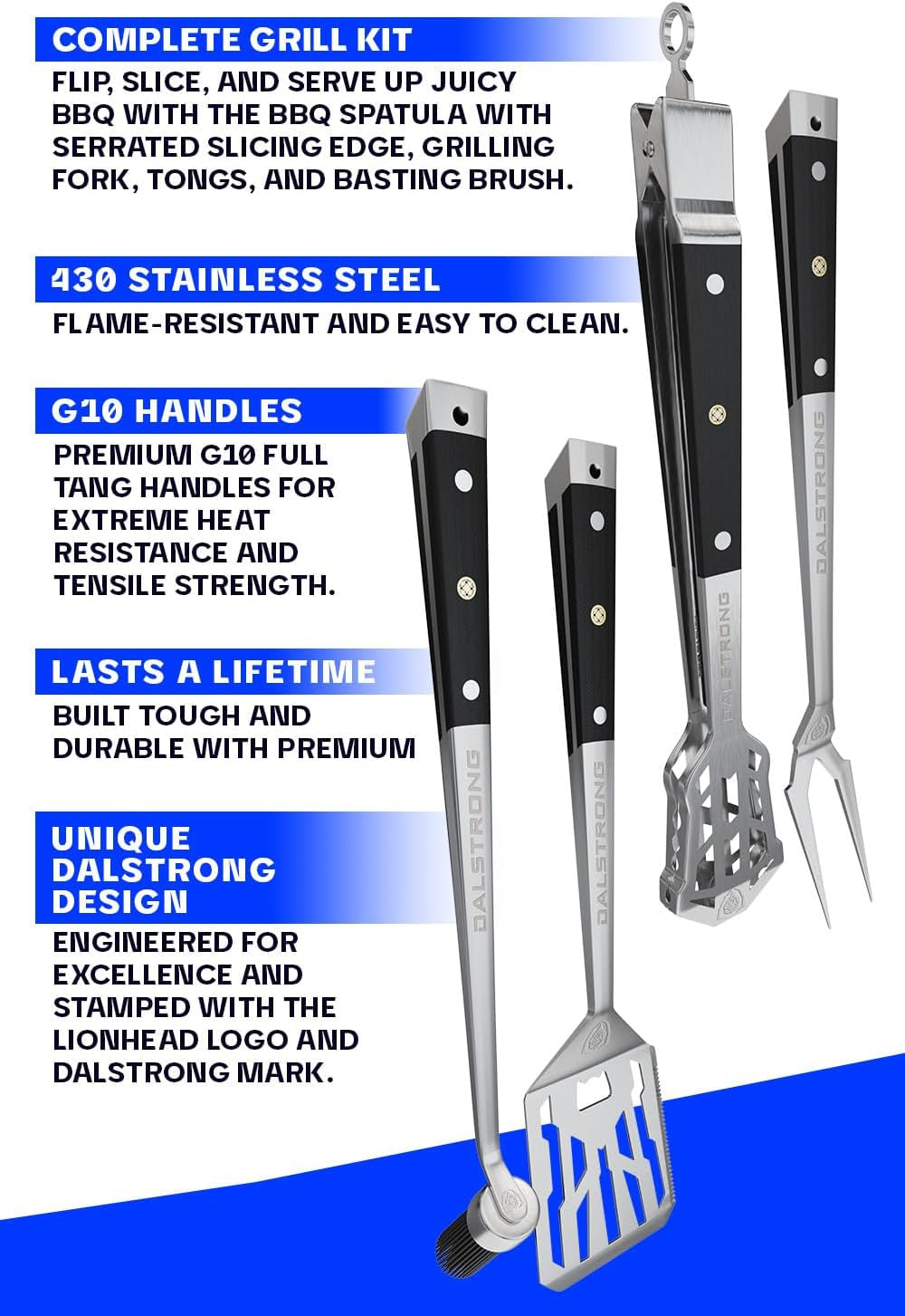 4-Piece Professional BBQ Pitmaster Grill Set - Premium High-Carbon Stainless Steel Grilling Accessories - 18 Inch Length - Silicone Brush. Spatula. Tongs. Fork - G10 Handles Kitchen Set - Image 5