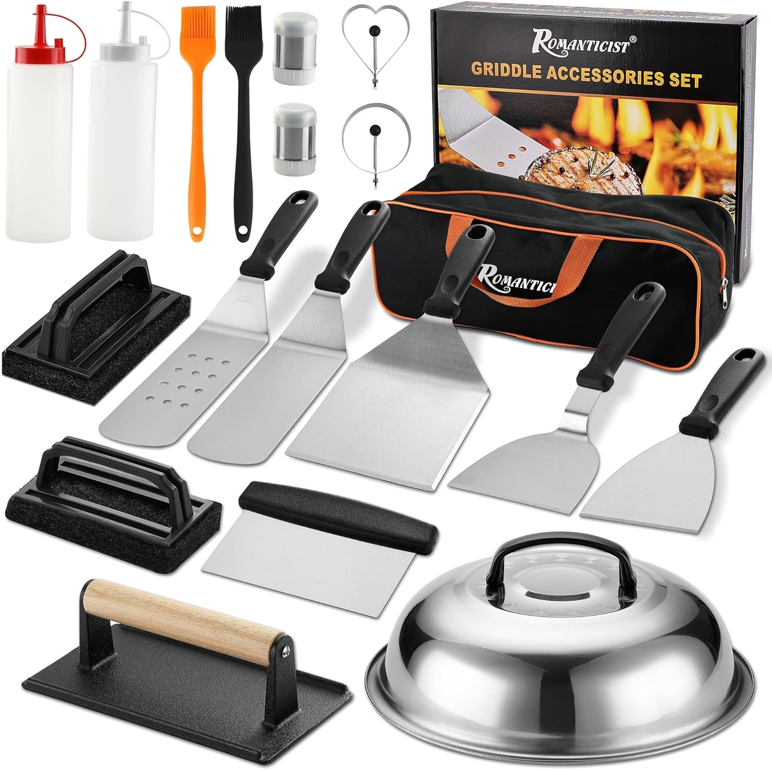 ROMANTICIST 19PCS Griddle Accessories Set - Flat Top Teppanyaki Spatula Set with Scraper. Basting Cover for Camp Chef- Home Cooking Griddle and Outdoor BBQ Gifts for Christmas - Image 7