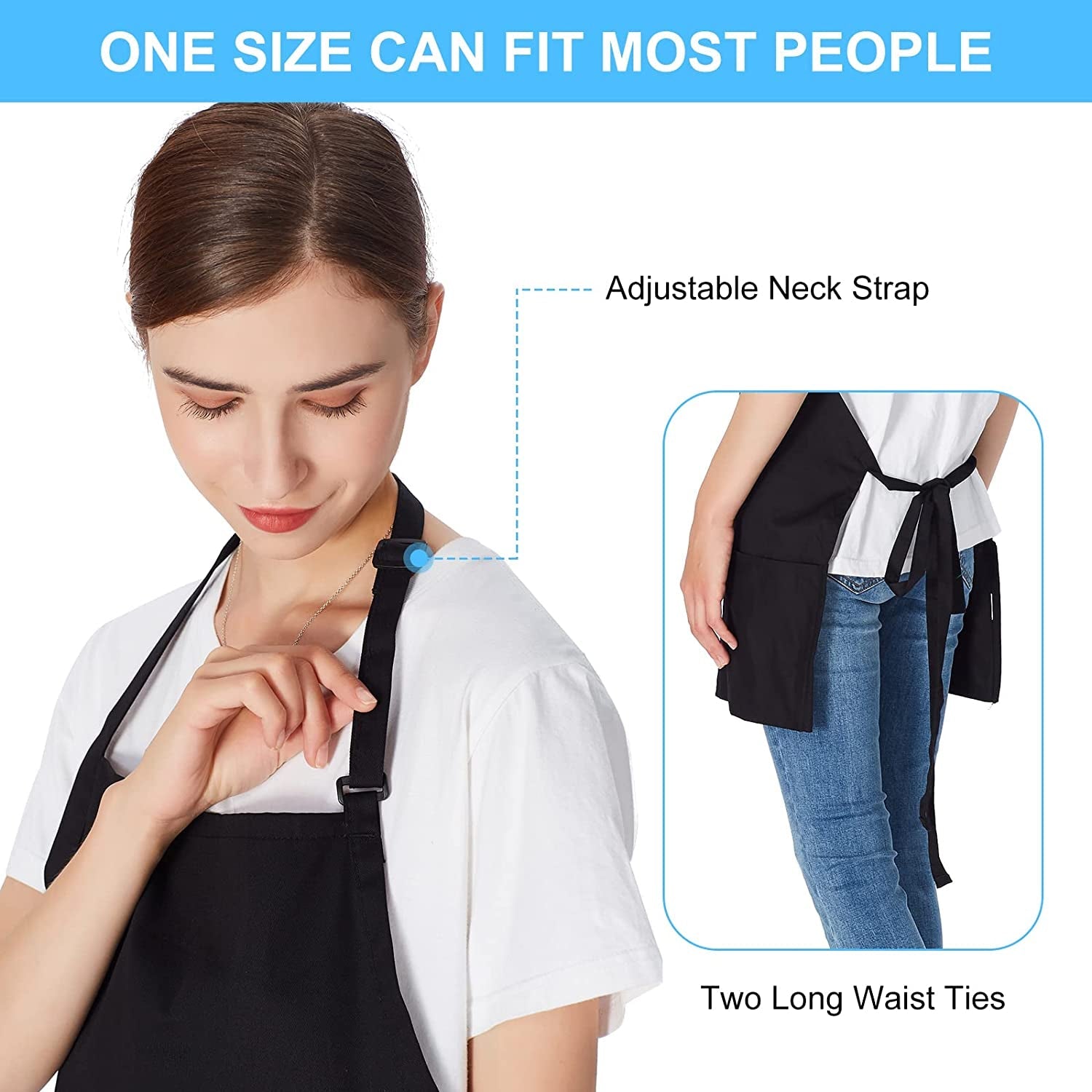 2 Pack 3 Pockets 100% Cotton Adjustable Bib Apron Chef Kitchen Cooking Aprons for Women Men. Black - Image 5
