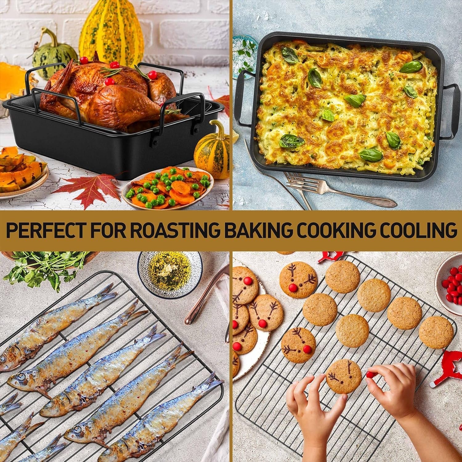 Large Roasting Pan with Rack Set of 3. P&P CHEF 15¼ Turkey Roaster Pan & V-Shape Baking Rack & Cooling Rack for Chicken Rib Lasagna Cookie. Nonstick Coating & Stainless Steel Core. Sturdy & Healthy - Image 5
