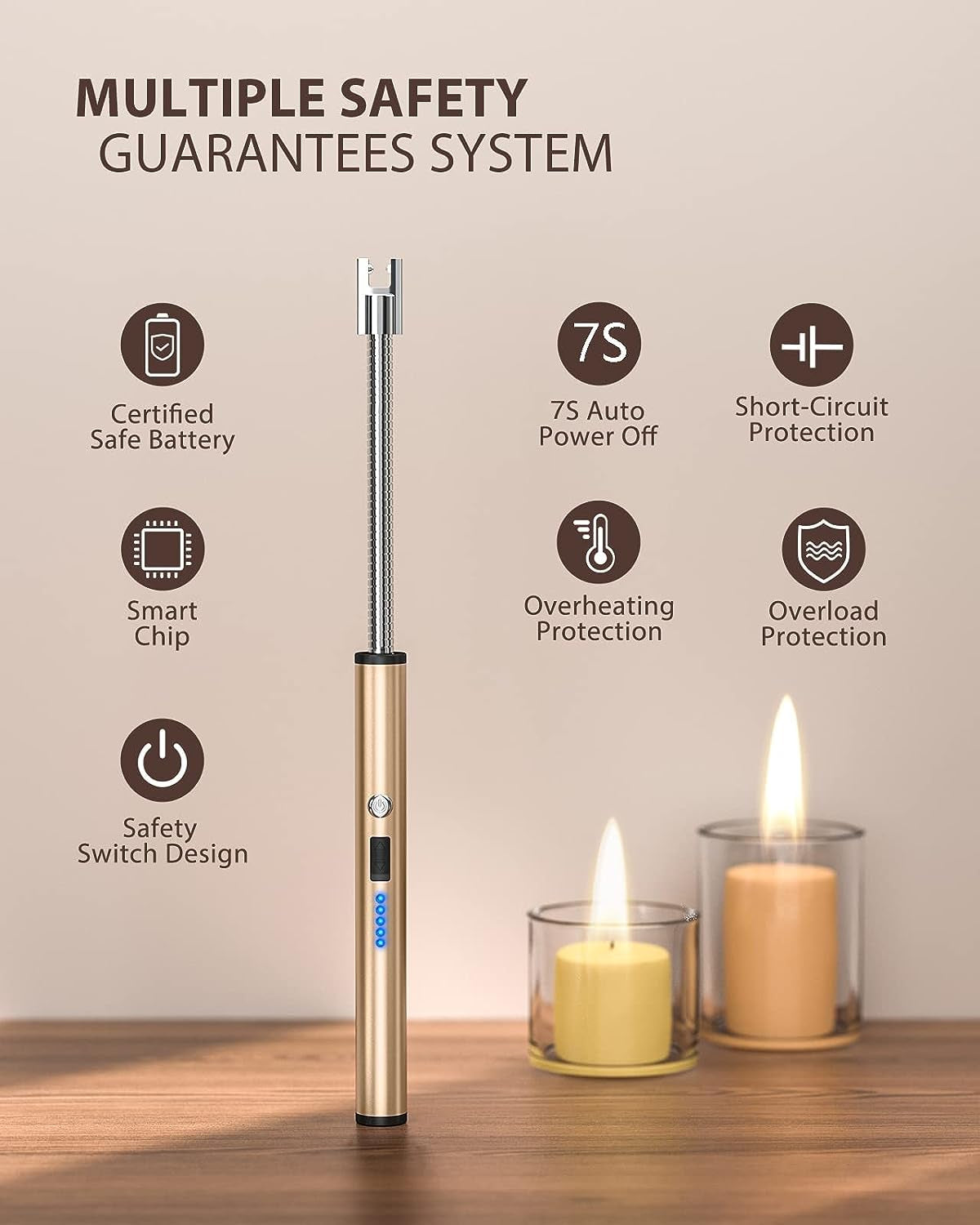 RONXS Lighter Electric Lighter Rechargeable Arc USB Candle Lighters with LED Battery Display. Flexible Neck Windproof Flameless Plasma Long Lighters for Candle BBQ Camping (N-Pink&Gold) - Image 2