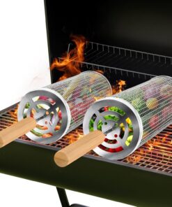 2‑Pack Stainless Steel Rolling Grill Baskets – Locking Handle. Round Design for Fish. Meat & Veggies | BBQ Gift Idea