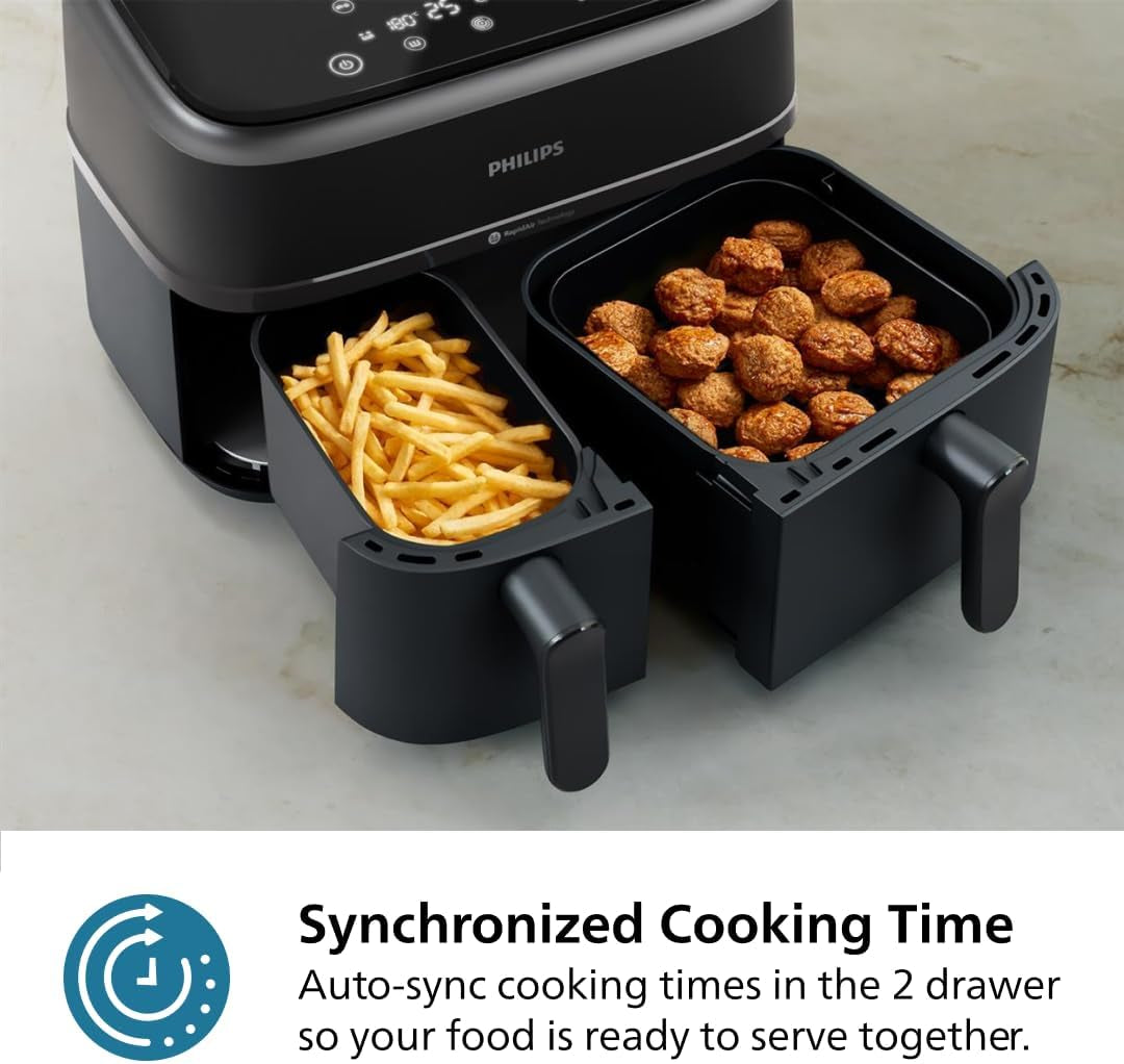 Philips Dual Basket Air Fryer 3000 Series. 8-In-1 Functions. 9.5 Quarts. 2 Drawers. Auto-Sync Cooking Time. 90% Less Fat. Rapid Air Technology. Homeid Recipe App. Dishwasher Safe. Black. (NA350/00) - Image 5