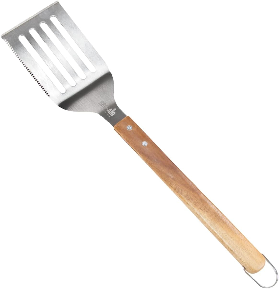 BBQ-AID Pro BBQ Metal Spatula - 17 Barbecue Spatula Stainless Steel with Serrated Knife Edge -Solid & Sturdy Turner Spatula- Acacia Wood Handle- Heavy Duty Built to Last Kitchen Spatula