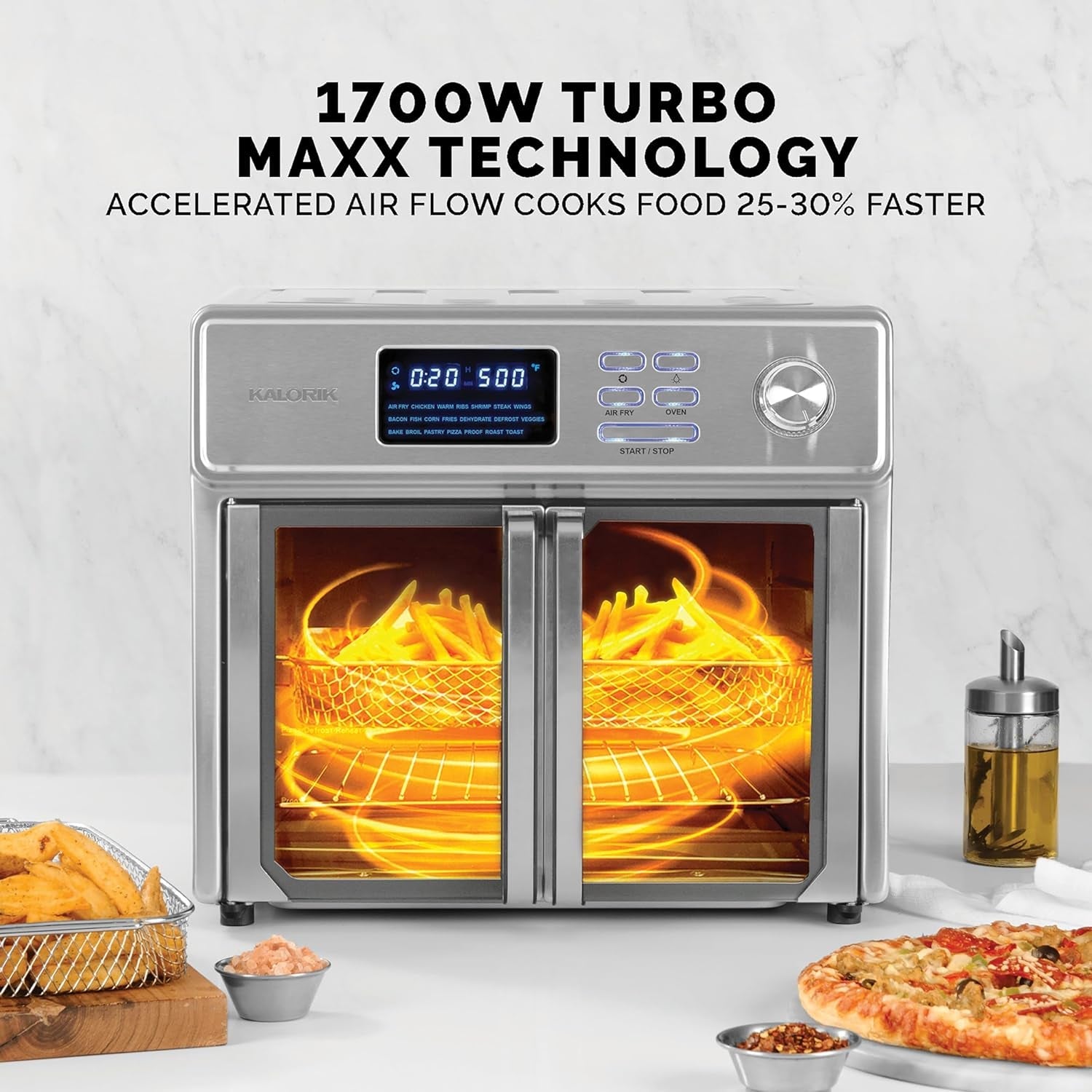 Kalorik MAXX Air Fryer Oven. 26 Quart 10-In-1 Countertop Toaster Oven & Air Fryer Combo - Fry. Bake. Roast. Rotisserie. & More. Large Glass French Doors & 9 Accessories. 1700-Watts. Stainless Steel - Image 2