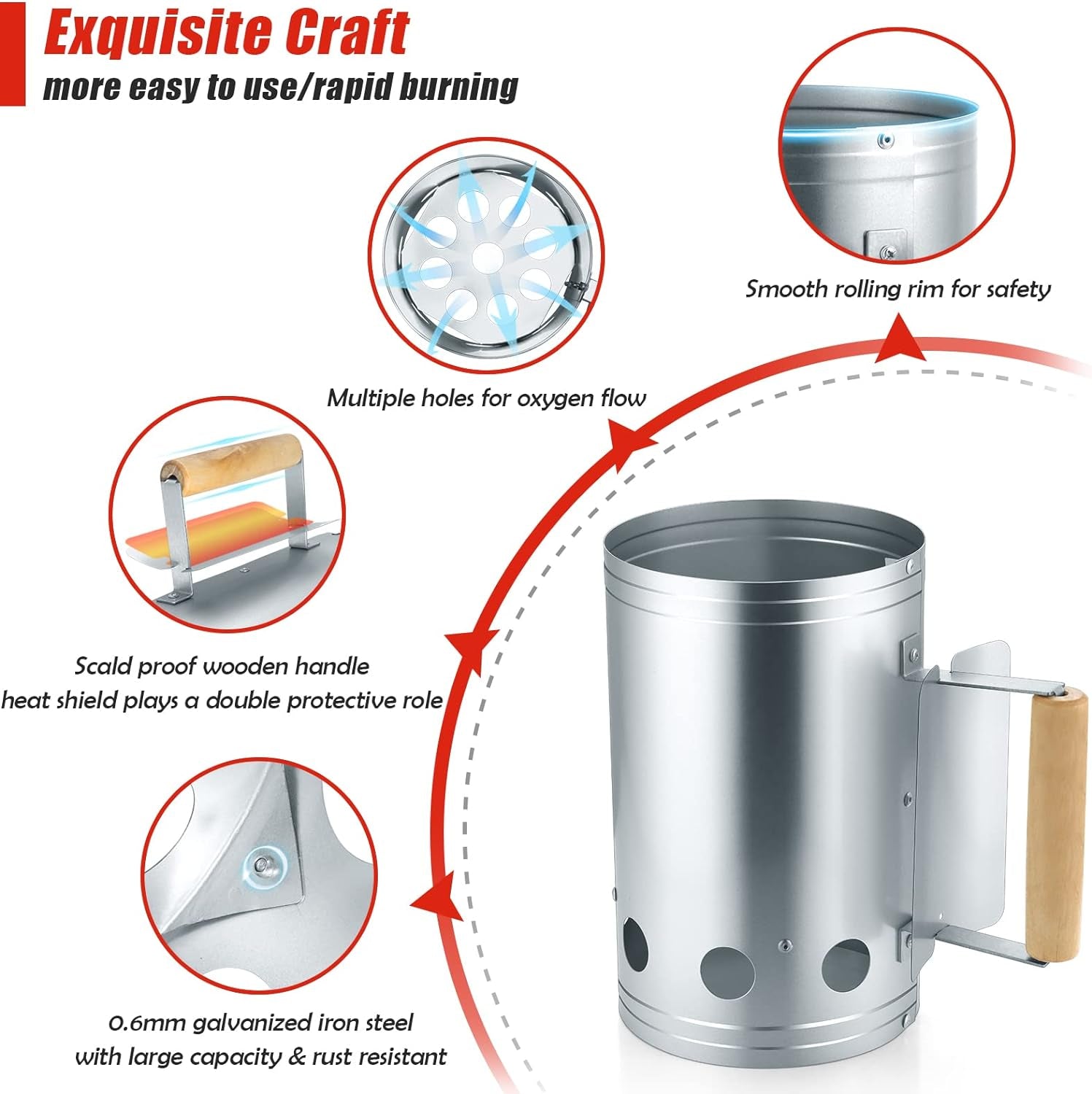 Hasteel Charcoal Chimney. 10.6X6.7 Inch Heavy Duty BBQ Chimney Starter for Outdoor Grilling Barbecue Camping. Quick Rapid Fir Briquette Coal. Heat Resistant Wooden Handle & Screwdriver - Image 3