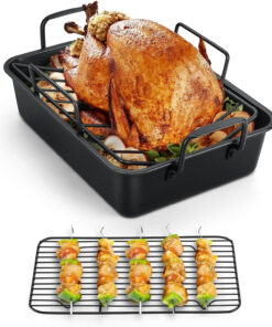 Teamfar Roasting Pan. 14Inch Coated Turkey Roaster Lasagna Pan with V-Shaped Rack & Flat Rack. Non-Stick Coating & Stainless Steel Core. Healthy & Heavy Duty. Deep Sides & Easy to Clean. Set of 3