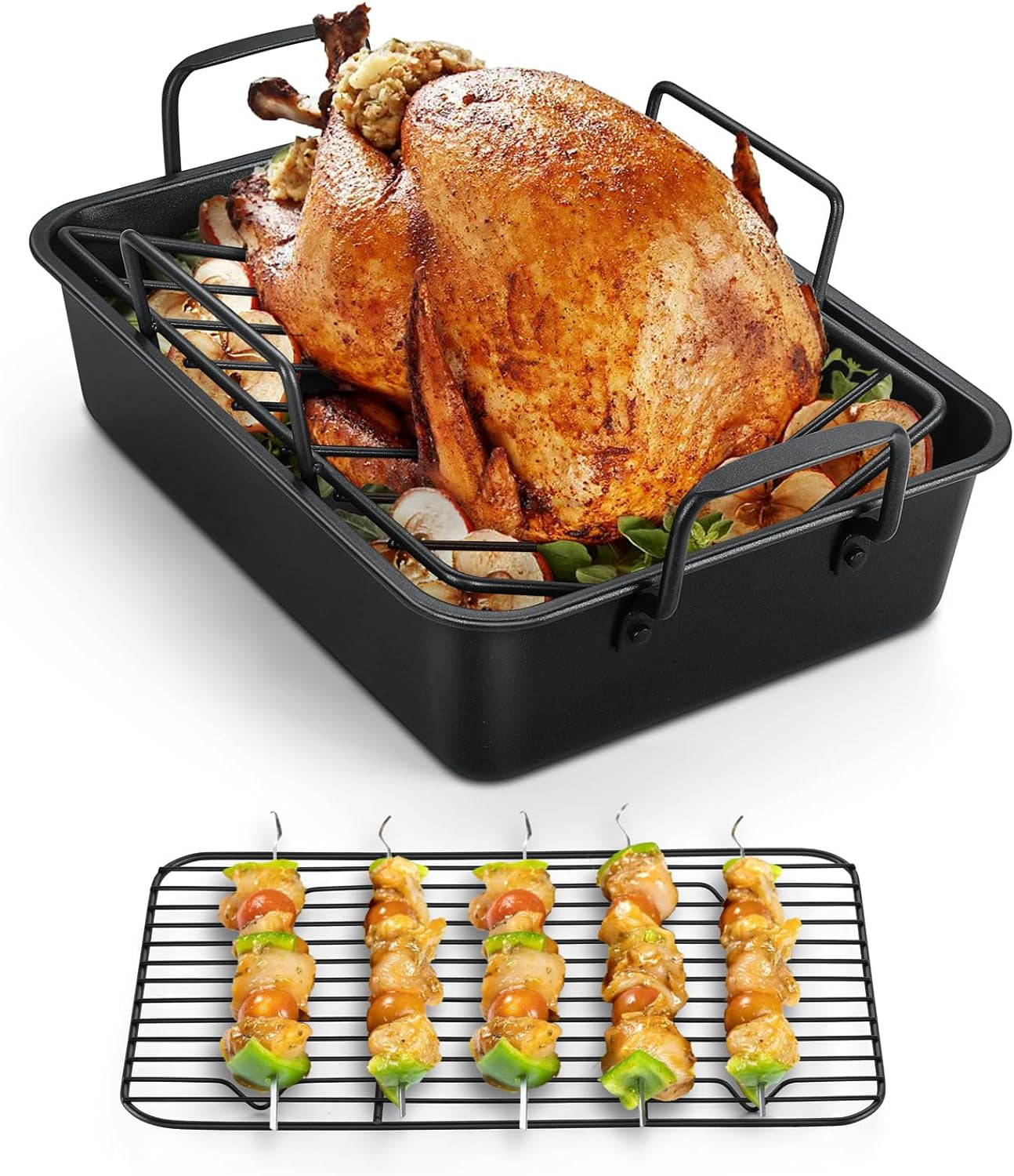 Teamfar Roasting Pan. 14Inch Coated Turkey Roaster Lasagna Pan with V-Shaped Rack & Flat Rack. Non-Stick Coating & Stainless Steel Core. Healthy & Heavy Duty. Deep Sides & Easy to Clean. Set of 3