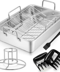 Teamfar Roasting Pan. Stainless Steel Large Turkey Roaster Pan with V Rack & Cooling Rack. Beer Can Chicken Holder & Meat Claws for Shredding & Silicone Brush. Healthy & Dishwasher Safe - 7 Pcs