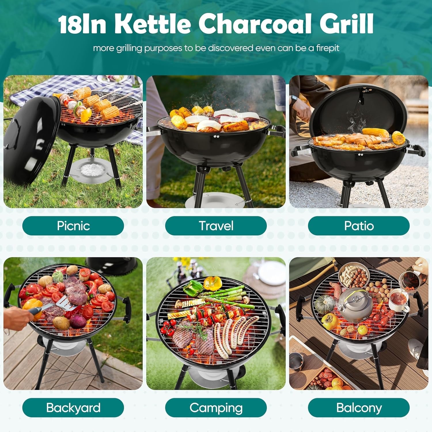 Hasteel 18 Inch Charcoal Grill. Black Kettle Outdoor Barbecue Grill. 2-In-1 Portable BBQ Grill with Wheels for Camping Backyard Patio Picnic. Porcelain-Enameled Lid & Fire Bowl. 254.SQ.IN Cooking Area - Image 6