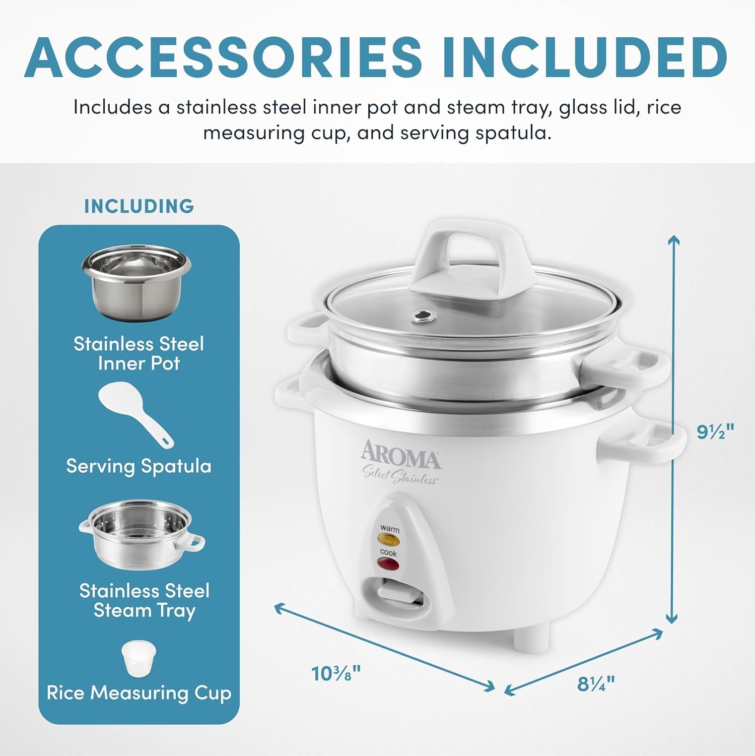Aroma Housewares 6-Cup (Cooked Yield ) / 1.2Qt. Select Stainless Pot-Style Rice Cooker. & Food Steamer. One-Touch Operation. White - Image 4