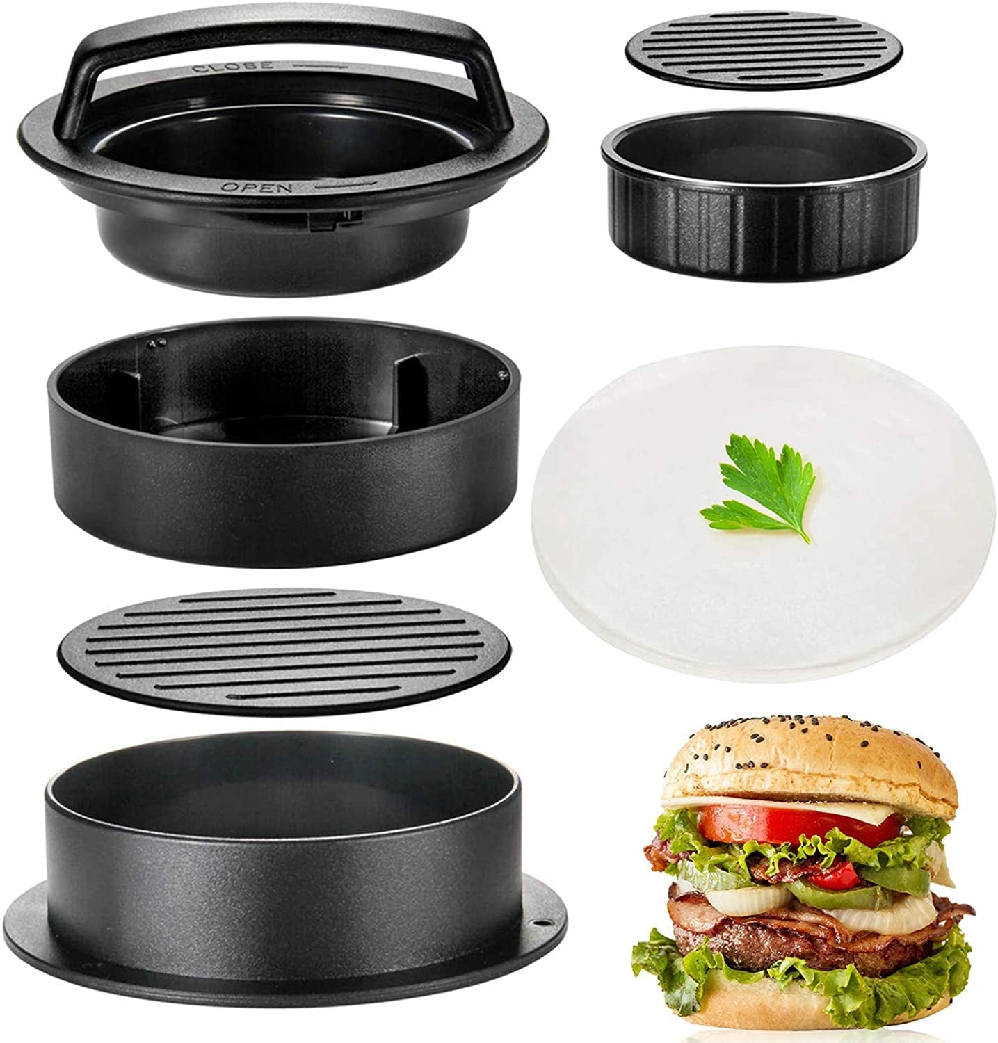 TAOUNOA Hamburger Press Patty Maker. 3 in 1 Non-Stick Burger Press with 100 Pcs Wax Paper for Making Delicious Burgers. Perfect Shaped Patties for Grilling and Cooking - Image 8