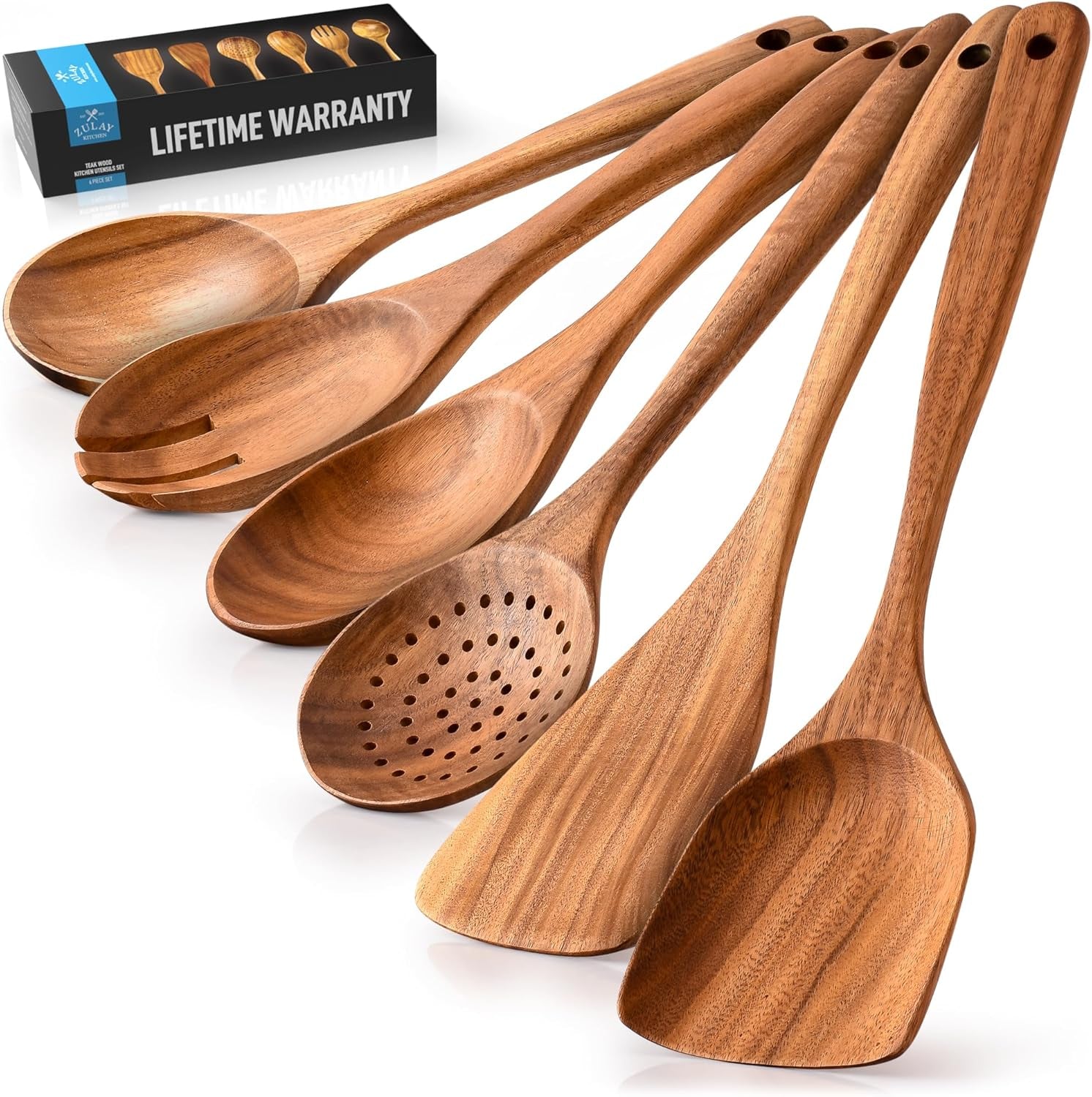 Zulay Kitchen 6-Piece Wooden Cooking Spoons Set – Heat-Resistant. Smooth Teak Utensils with Comfort Grip – Lightweight & Durable – Easy to Clean. Perfect for Non-Stick Cookware - Image 8