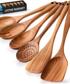 Zulay Kitchen 6-Piece Wooden Cooking Spoons Set – Heat-Resistant. Smooth Teak Utensils with Comfort Grip – Lightweight & Durable – Easy to Clean. Perfect for Non-Stick Cookware