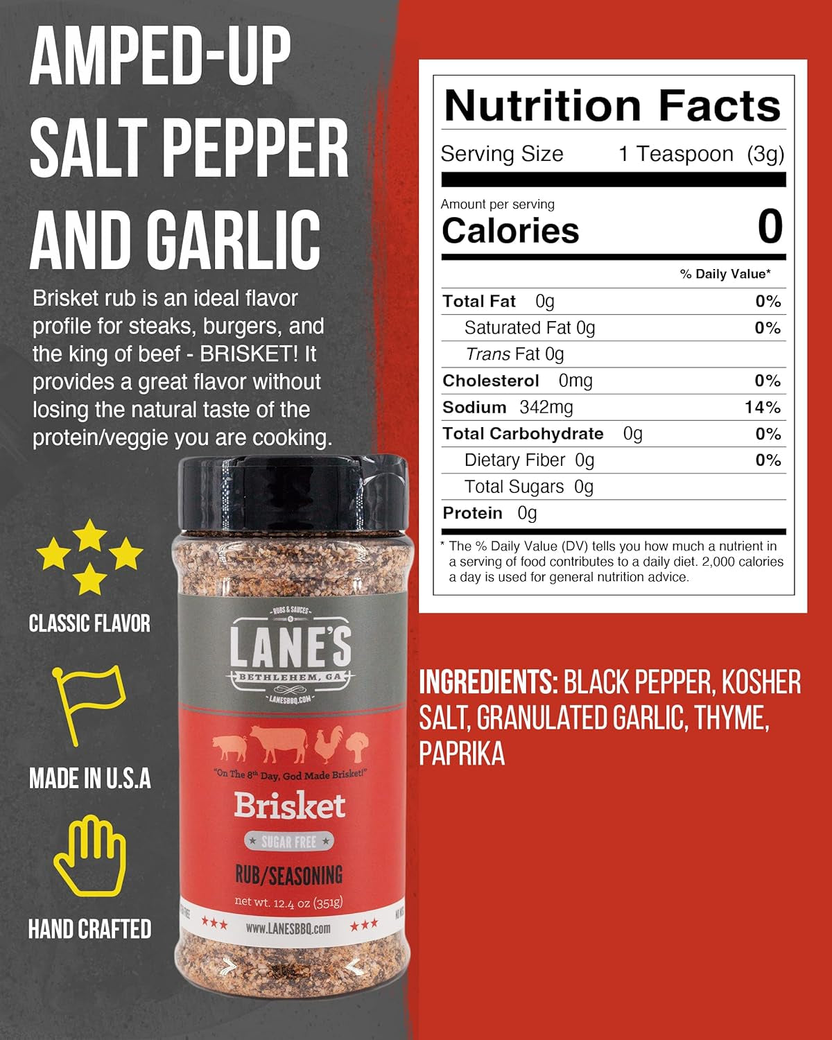 Lane'S Premium Brisket Seasoning - All Natural Brisket Rub for Smoker and Grill | Championship Beef Brisket Rub. Burgers. Steaks | No MSG | No Preservatives | Keto Friendly | Made in the USA | 12.4 Oz - Image 3