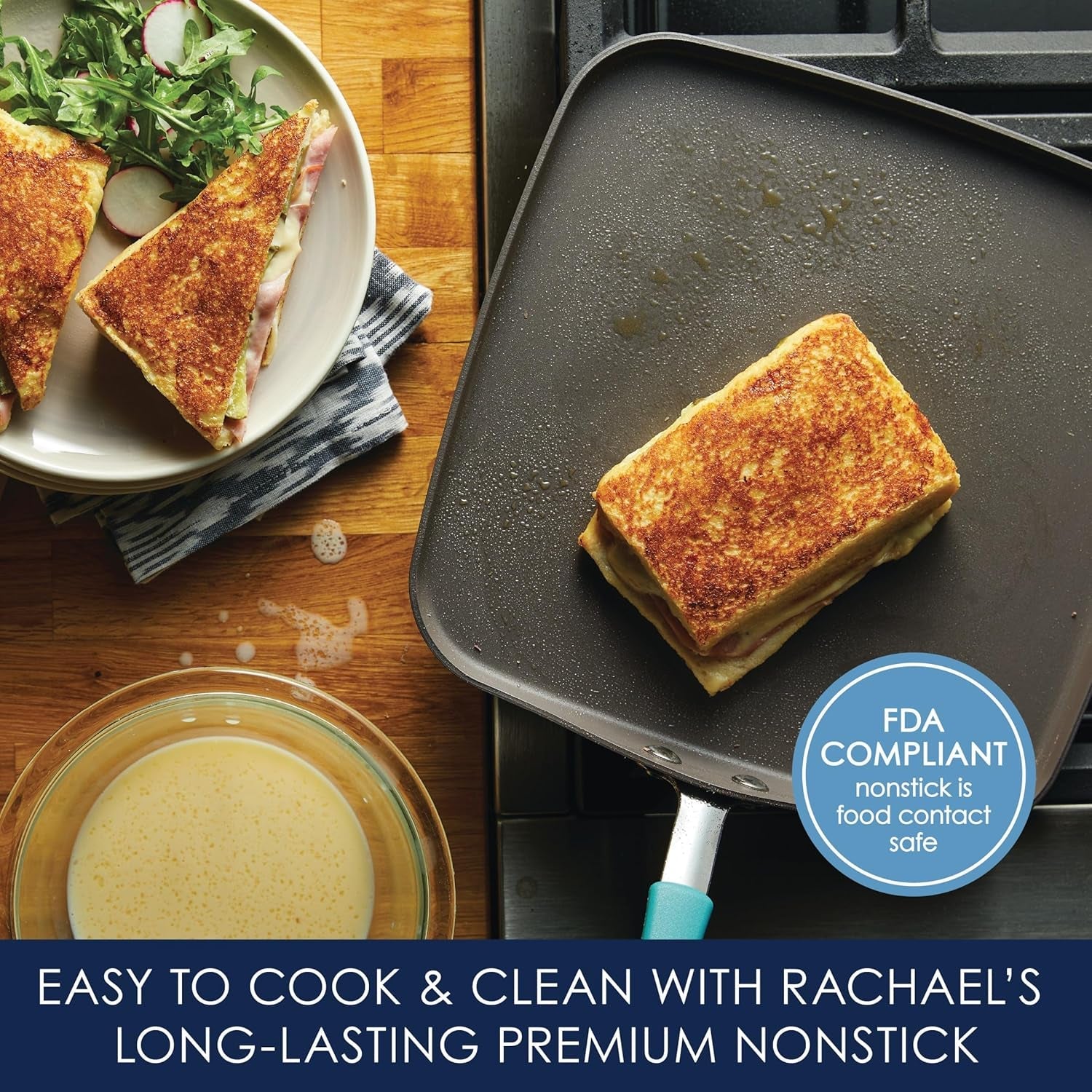 Rachael Ray Cucina Hard Anodized Nonstick Griddle Pan/Flat Grill. 11 Inch. Gray with Agave Blue Handle - Image 3